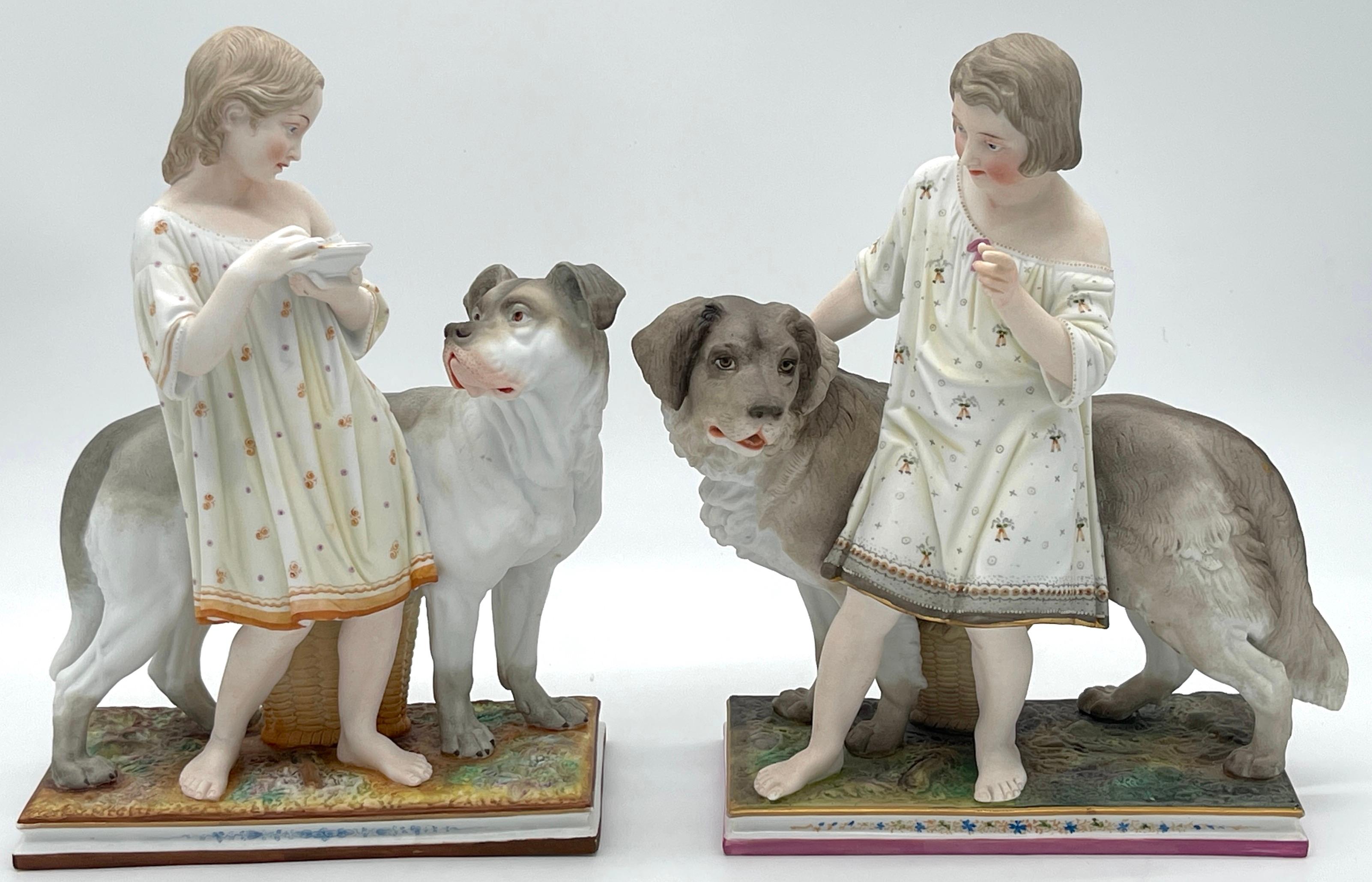 Paar englische bemalte Biskuitfiguren „Obedience & Reward“ mit Hunden aus dem 19. Jahrhundert  (Hochviktorianisch) im Angebot