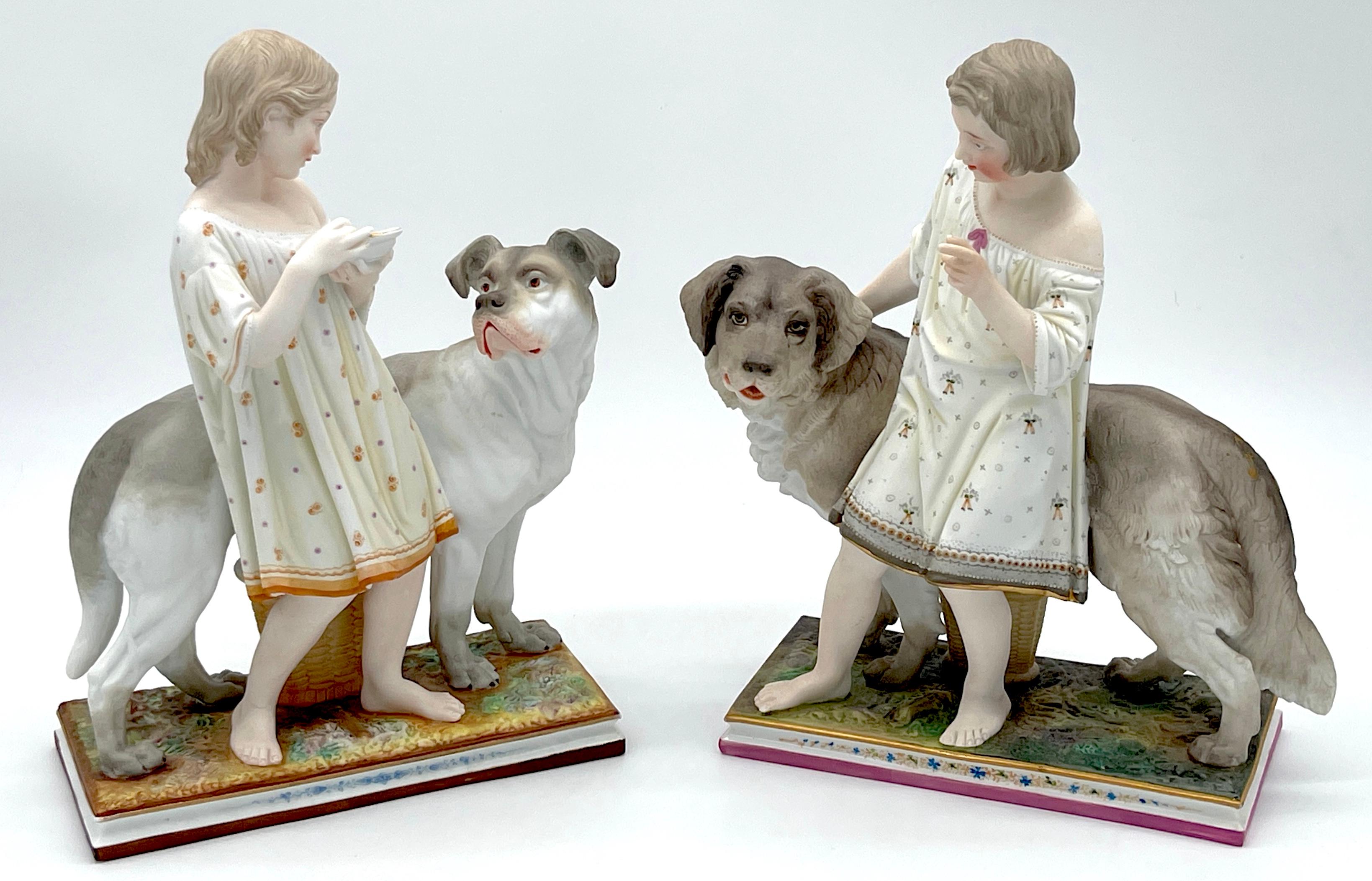Paar englische bemalte Biskuitfiguren „Obedience & Reward“ mit Hunden aus dem 19. Jahrhundert  (Englisch) im Angebot