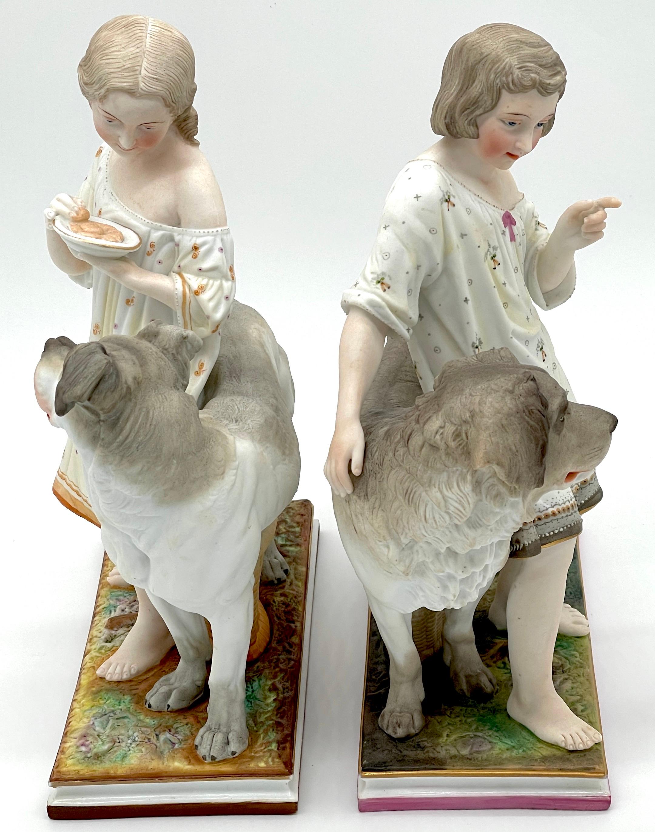 Hand-Painted Pair of 19th Century English Painted Bisque 'Obedience & Reward' Dog Figures  For Sale