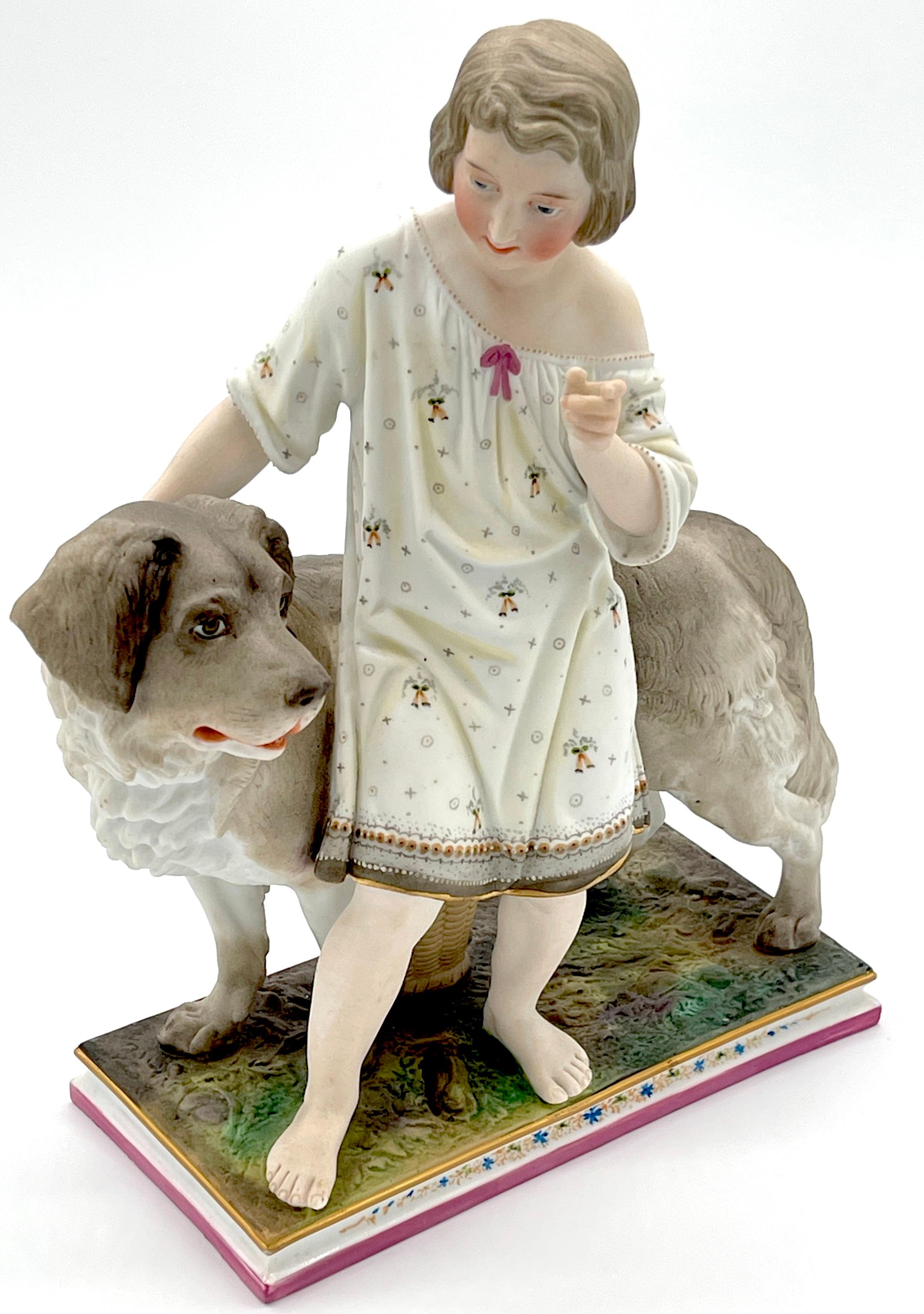 Porcelain Pair of 19th Century English Painted Bisque 'Obedience & Reward' Dog Figures  For Sale