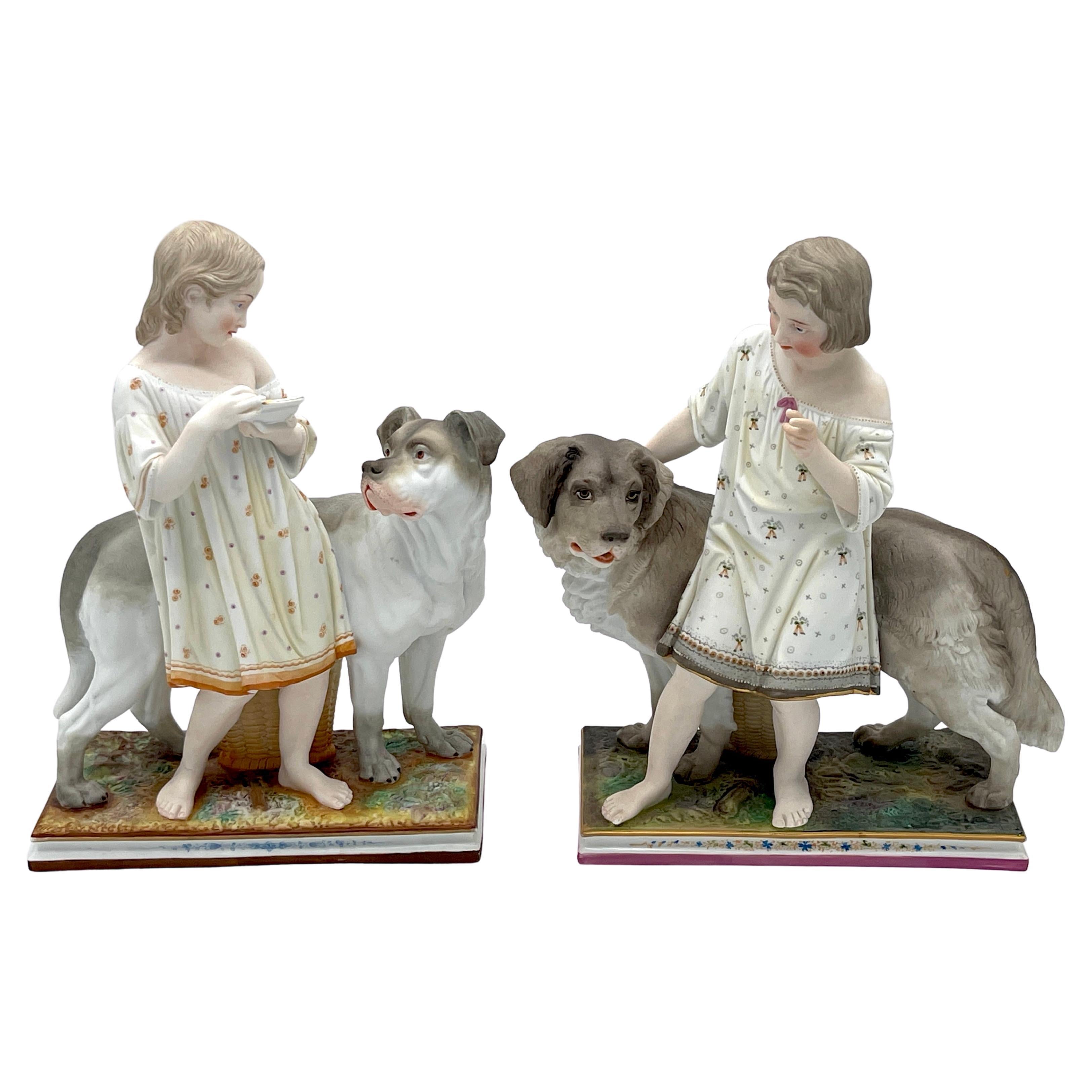 Paar englische bemalte Biskuitfiguren „Obedience & Reward“ mit Hunden aus dem 19. Jahrhundert  im Angebot