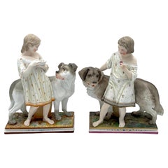 Paar englische bemalte Biskuitfiguren „Obedience & Reward“ mit Hunden aus dem 19. Jahrhundert 