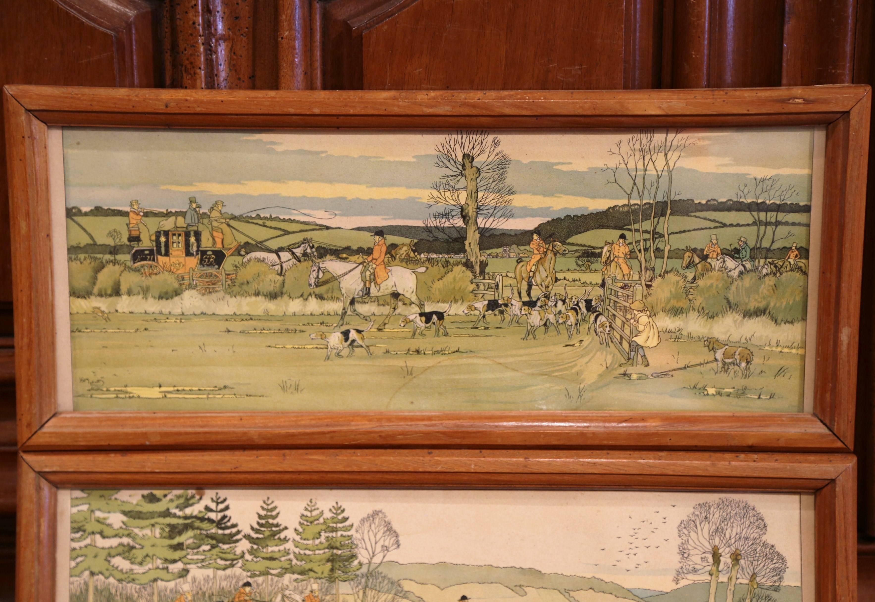 These elegant antique wall hanging hunt scenes were painted in England, circa 1870. Each horizontal, framed painting features a hunt scene with hunters on horses and surrounded by a herd of dogs. Both illustrated artworks, signed Harry Eliott, are