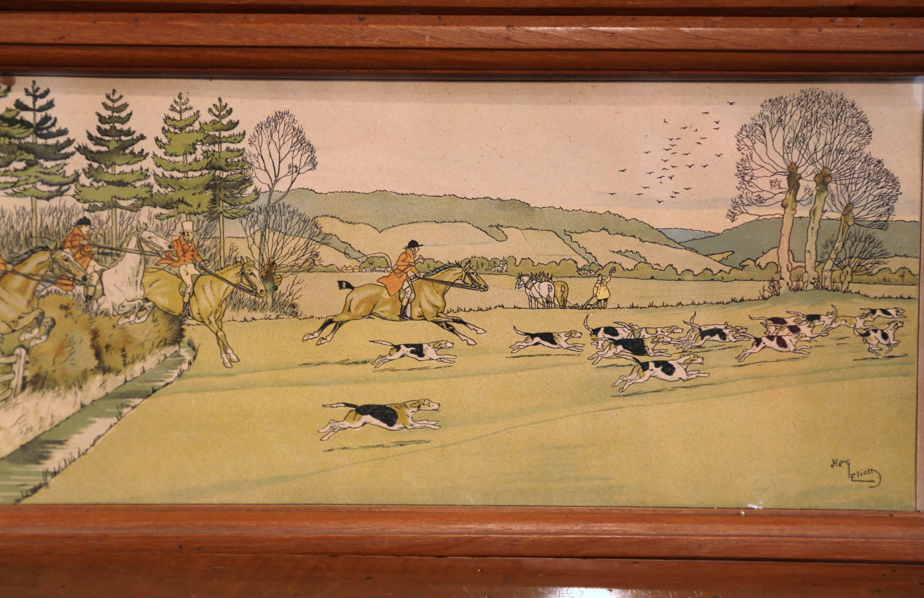 Hand-Painted Pair of 19th Century English Painted Hunt Scenes Watercolors in Walnut Frames