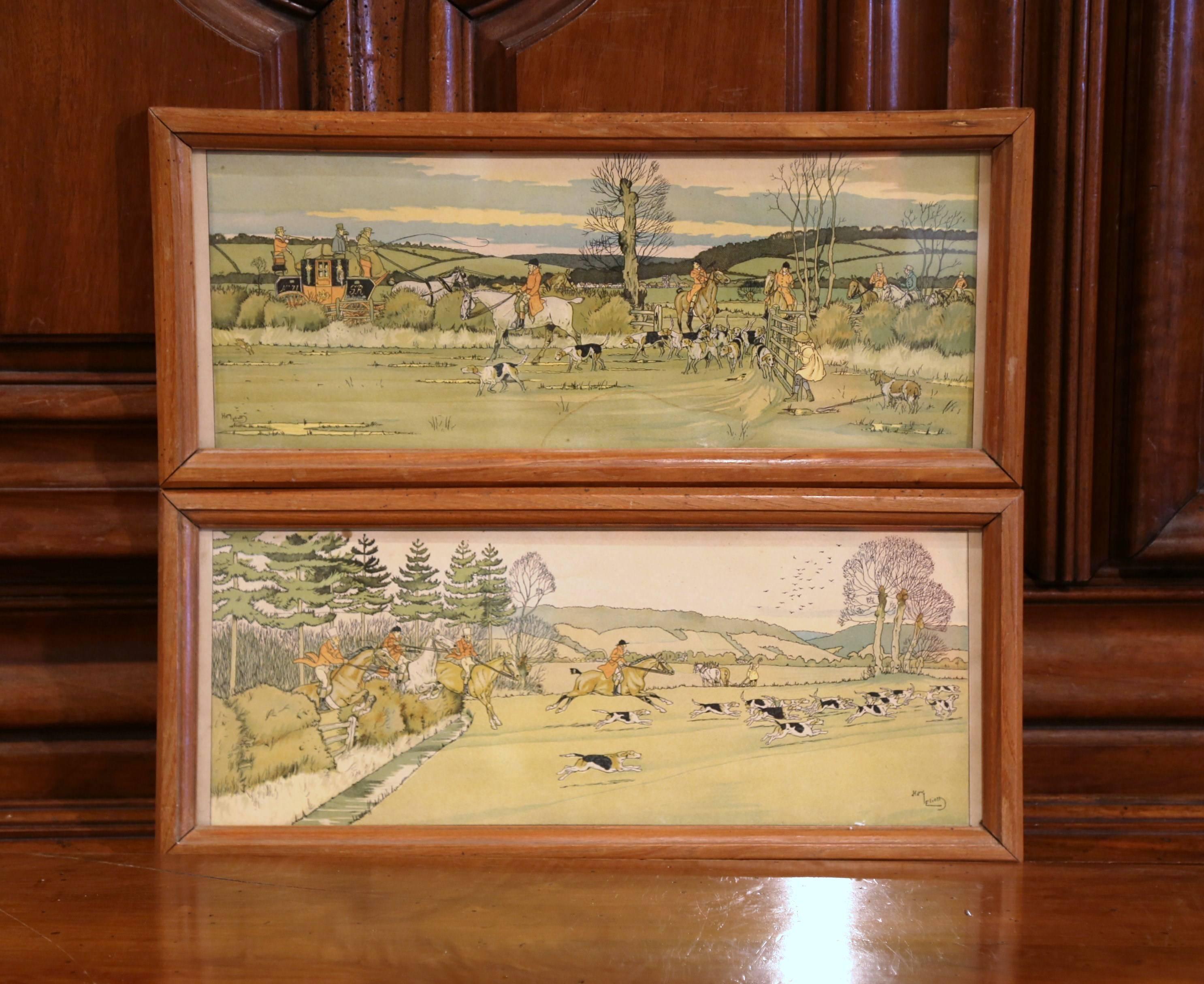 Pair of 19th Century English Painted Hunt Scenes Watercolors in Walnut Frames 1