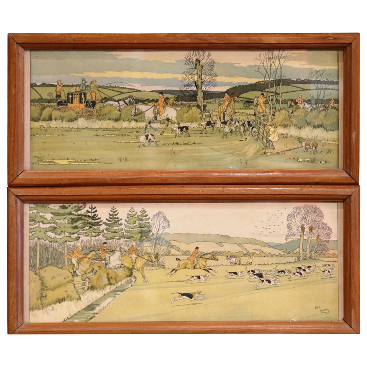 Pair of 19th Century English Painted Hunt Scenes Watercolors in Walnut Frames