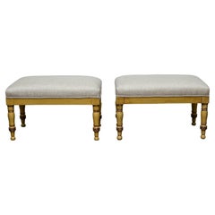 Pair of 19th Century English Painted Stools with Turned Legs and Linen Fabric