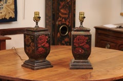 Pair of 19th Century English Painted Tole Canisters, wired as lamps with shades