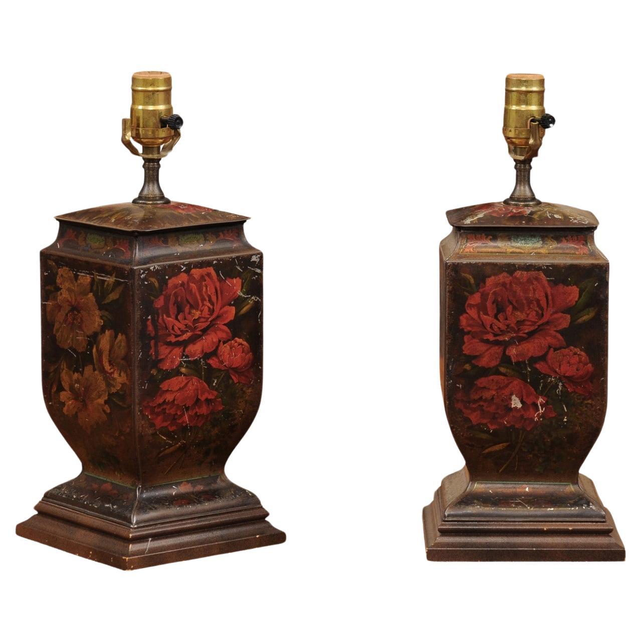 Pair of 19th Century English Painted Tole Canisters, wired as lamps with shades