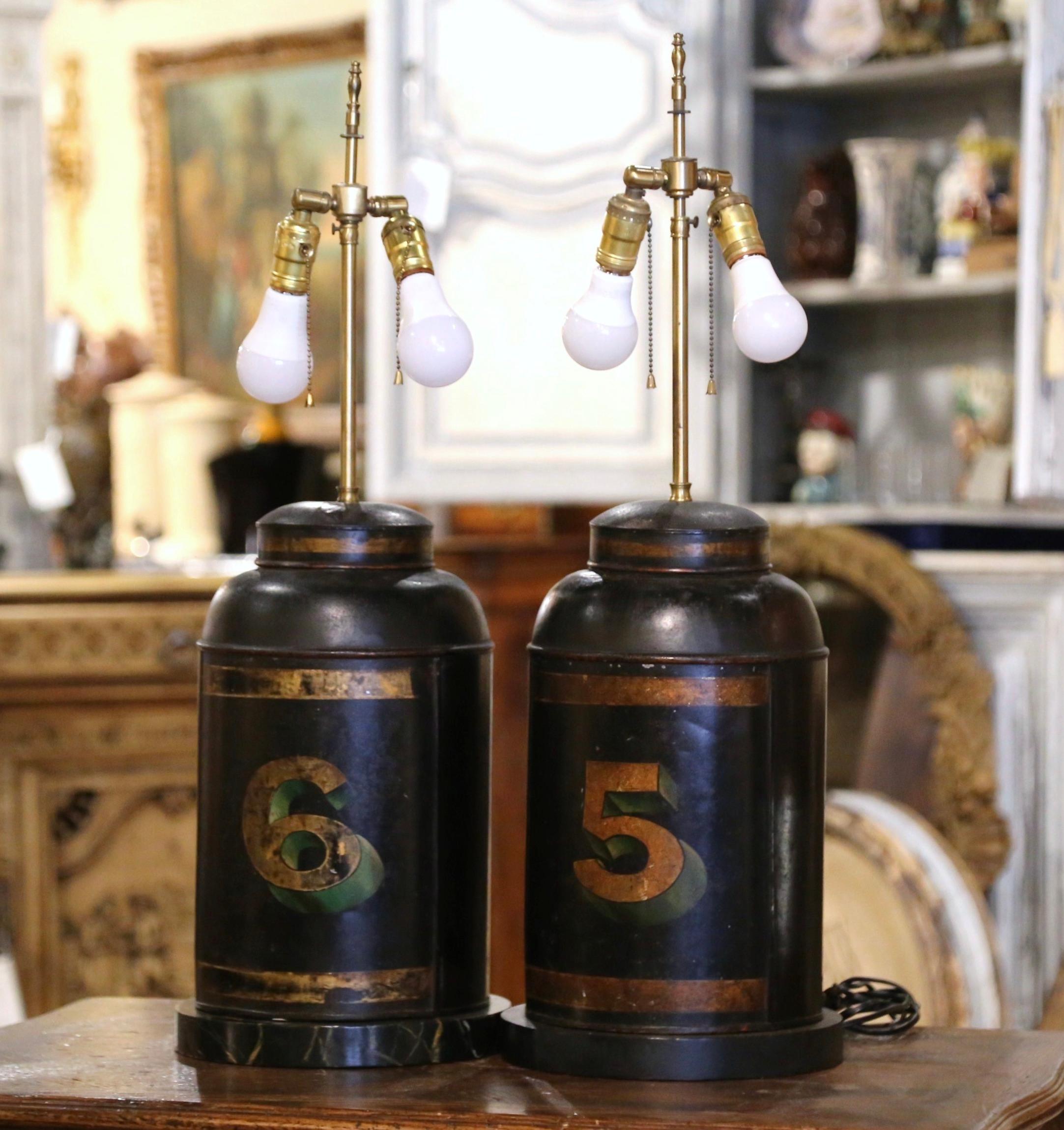 Gilt Pair of 19th Century English Painted Tole Tea Canister Table Lamps with Shades