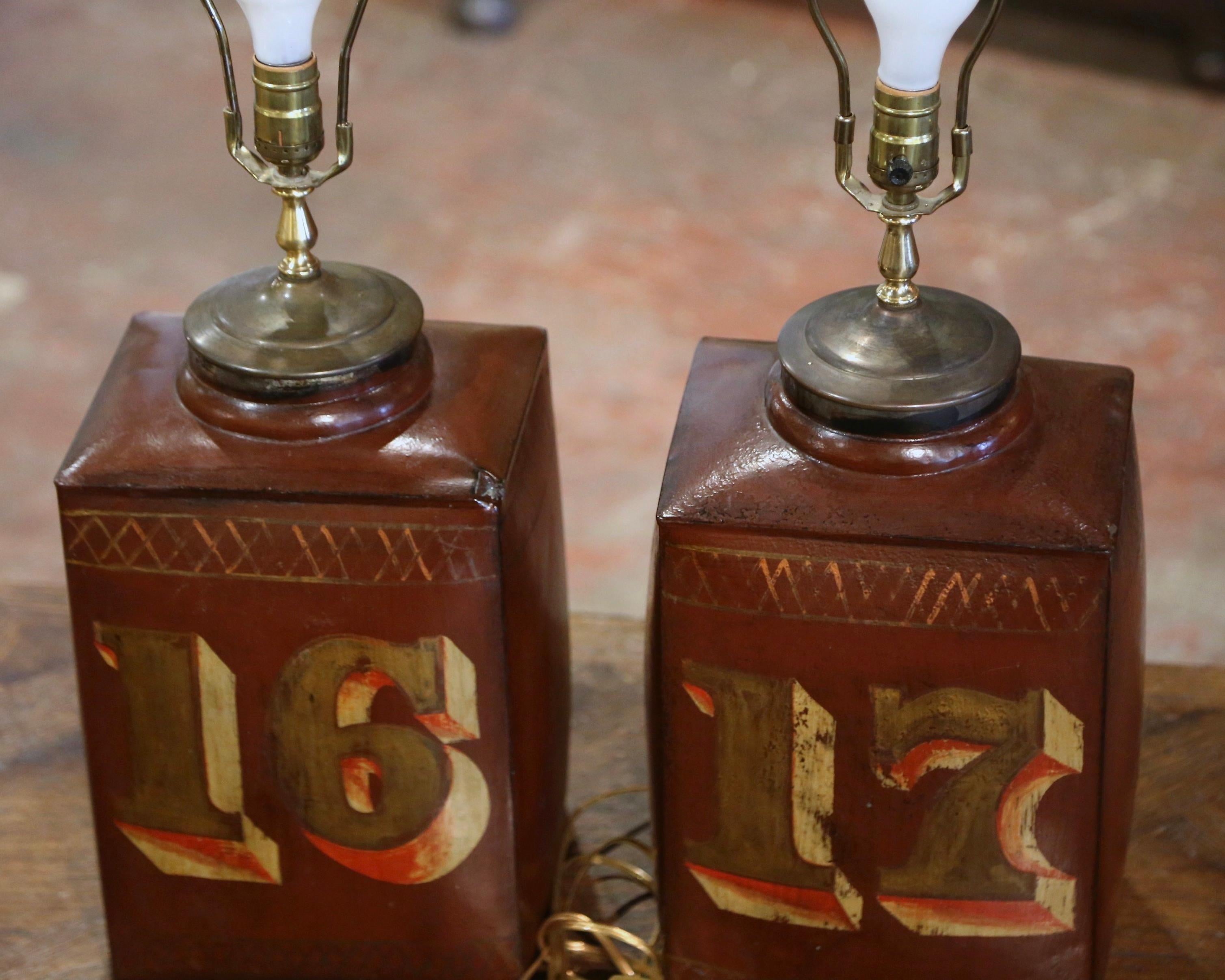 Pair of 19th Century English Painted Tole Tea Canister Table Lamps with Shades 1