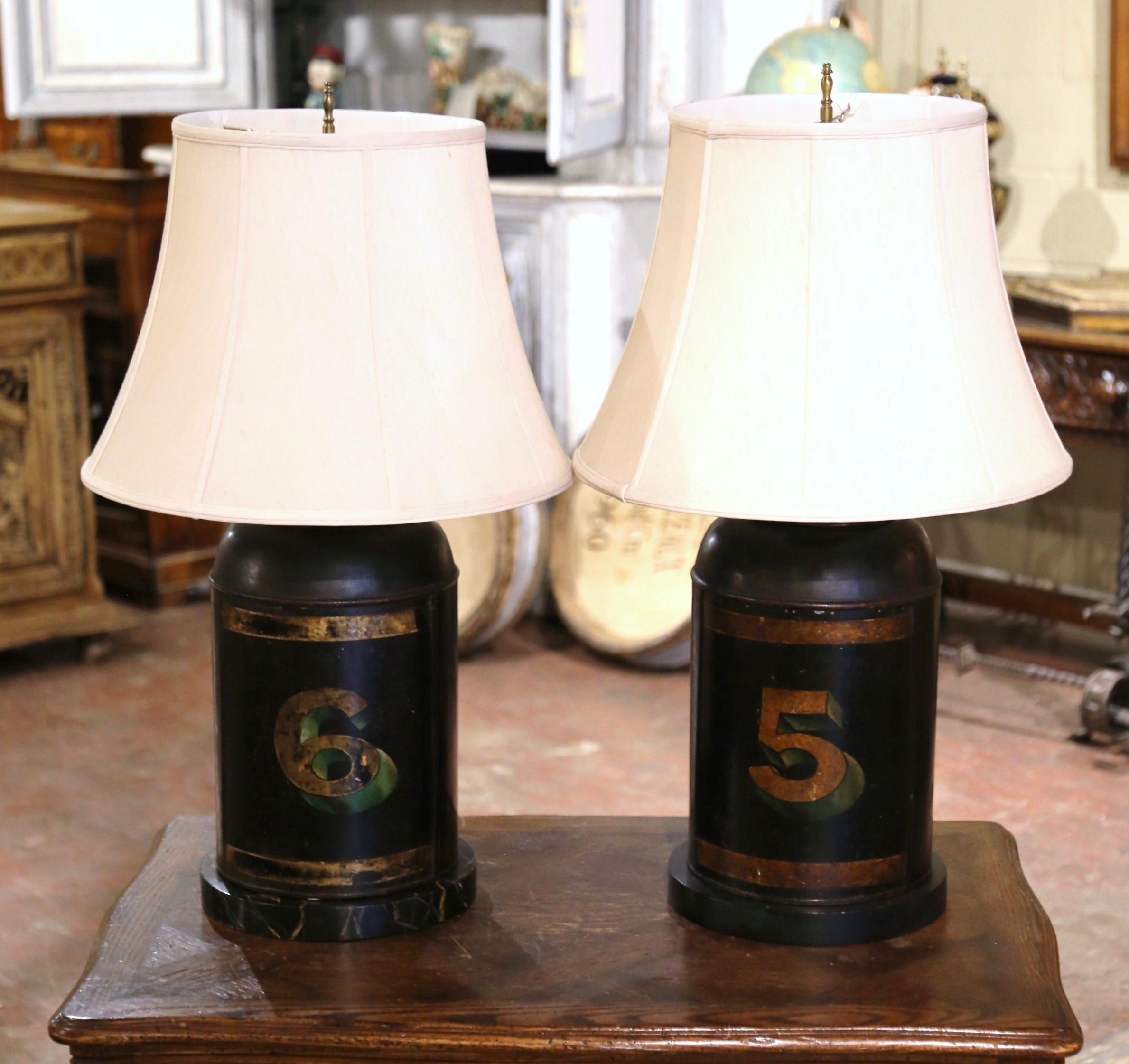 Pair of 19th Century English Painted Tole Tea Canister Table Lamps with Shades 2