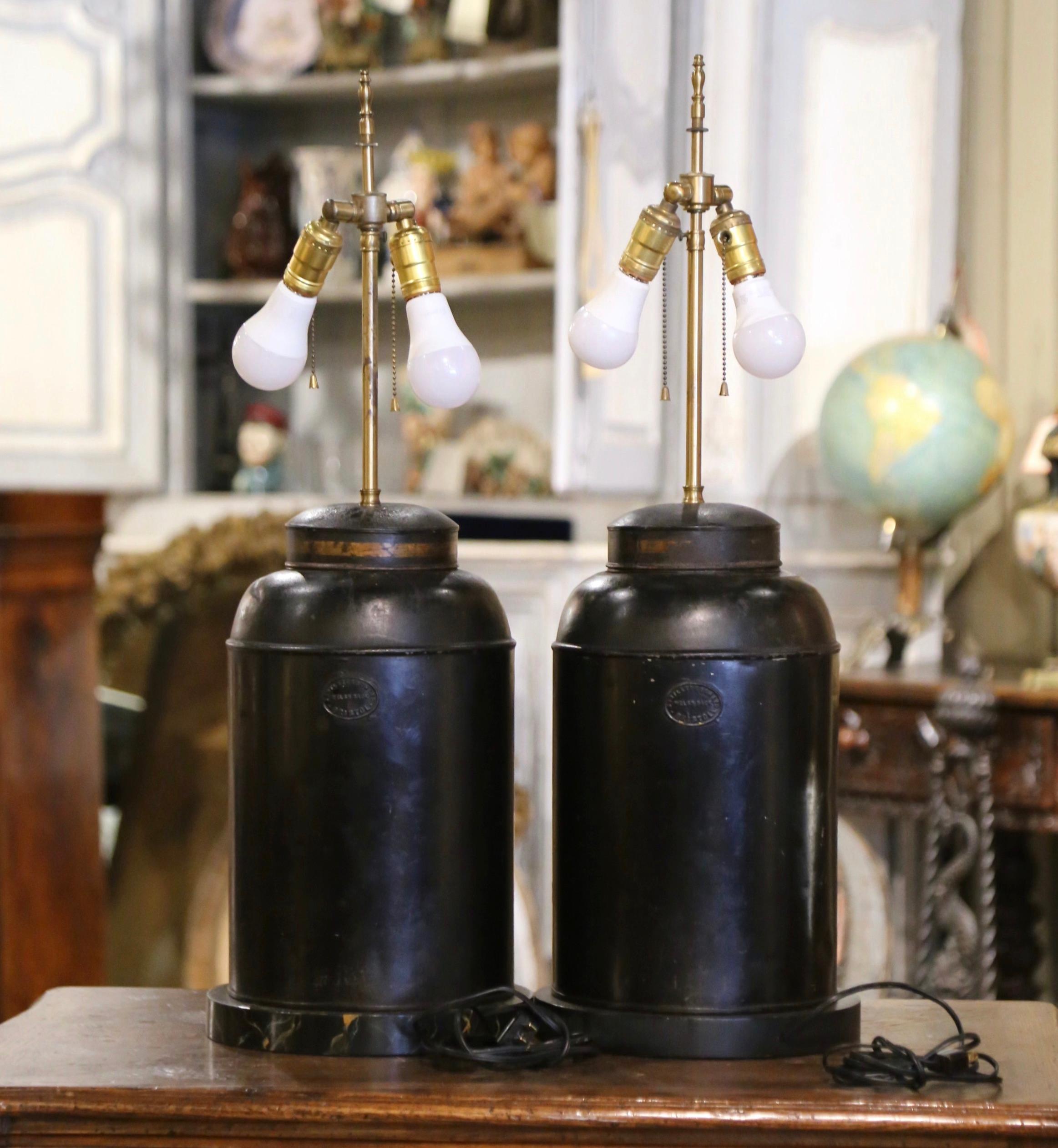 Pair of 19th Century English Painted Tole Tea Canister Table Lamps with Shades 3
