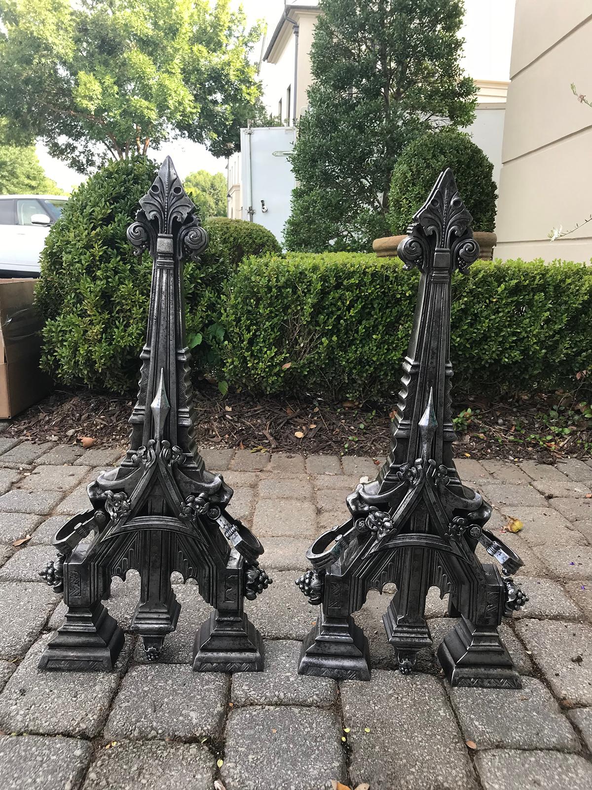 Pair of 19th century English polished steel Gothic style andirons.