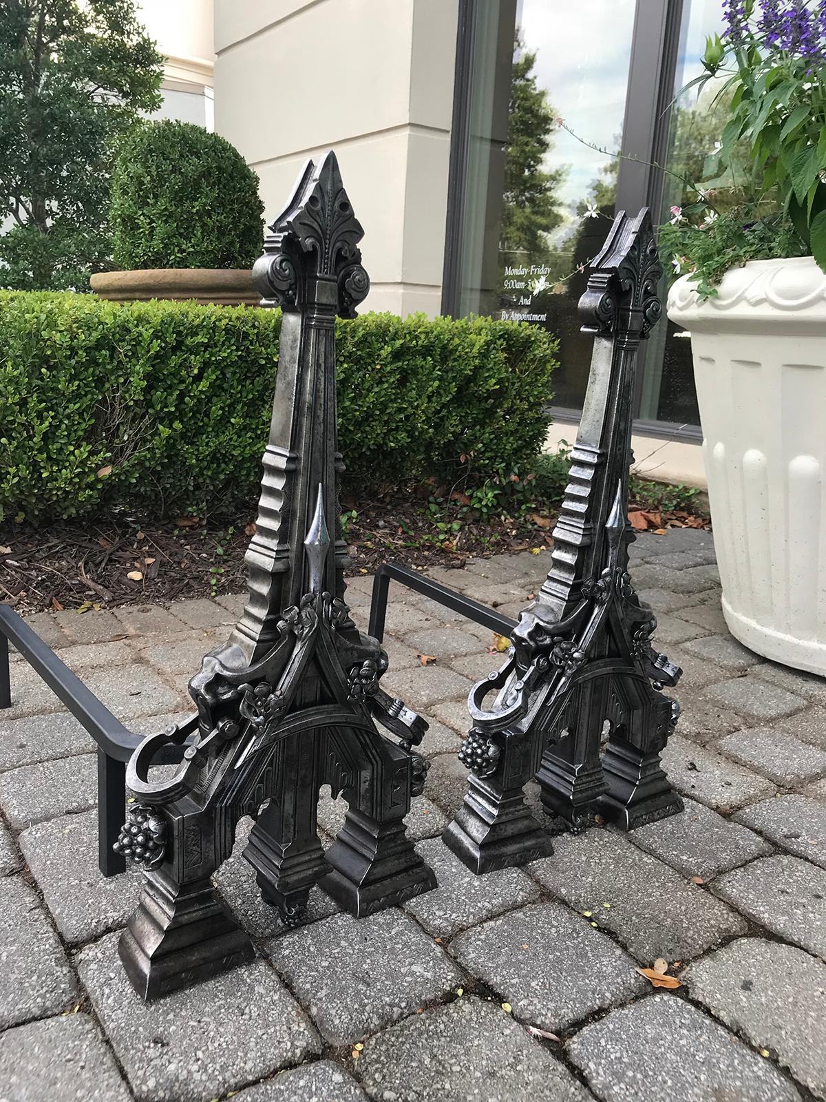 Pair of 19th Century English Polished Steel Gothic Style Andirons In Good Condition In Atlanta, GA