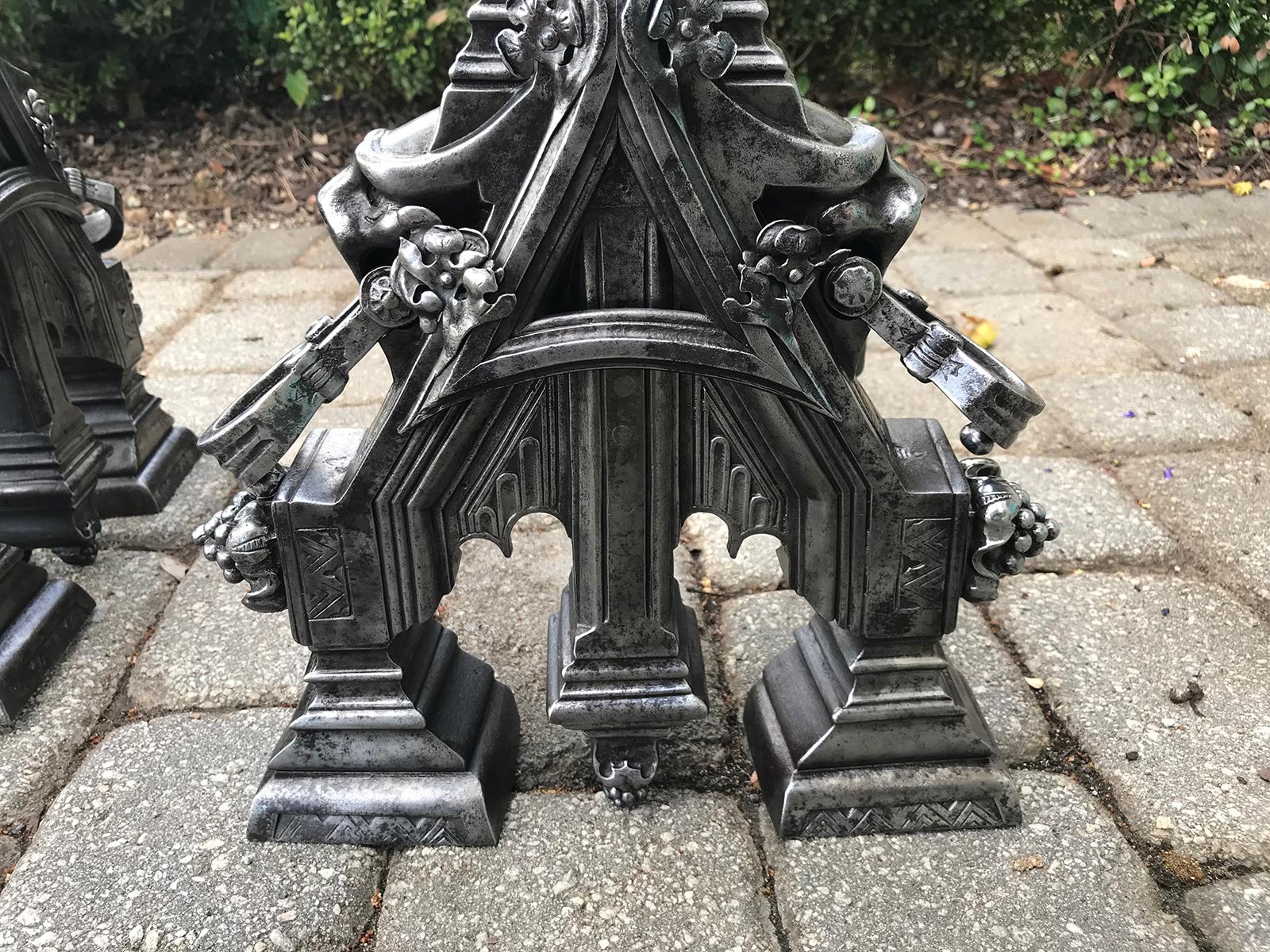 Pair of 19th Century English Polished Steel Gothic Style Andirons 6