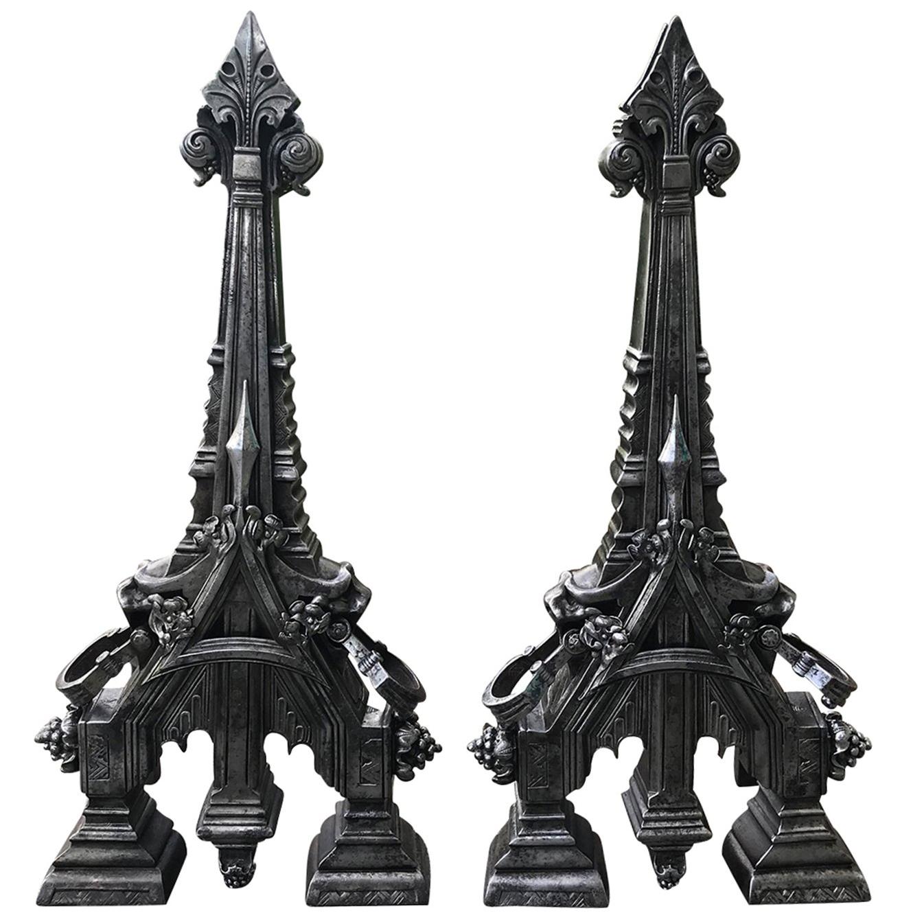 Pair of 19th Century English Polished Steel Gothic Style Andirons