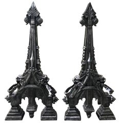 Pair of 19th Century English Polished Steel Gothic Style Andirons