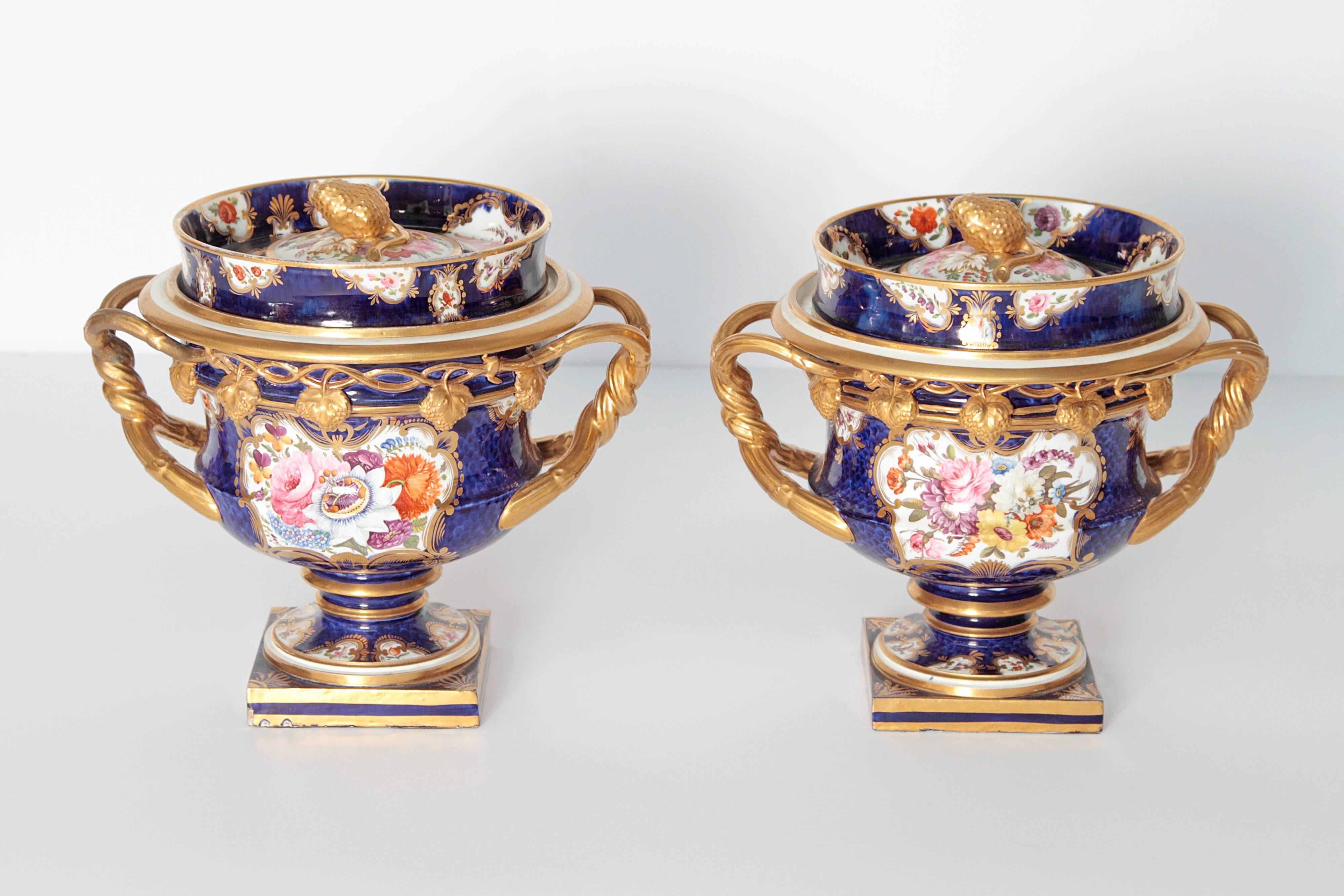 Hand-Painted Pair of 19th Century English Porcelain Fruit Coolers with Covers