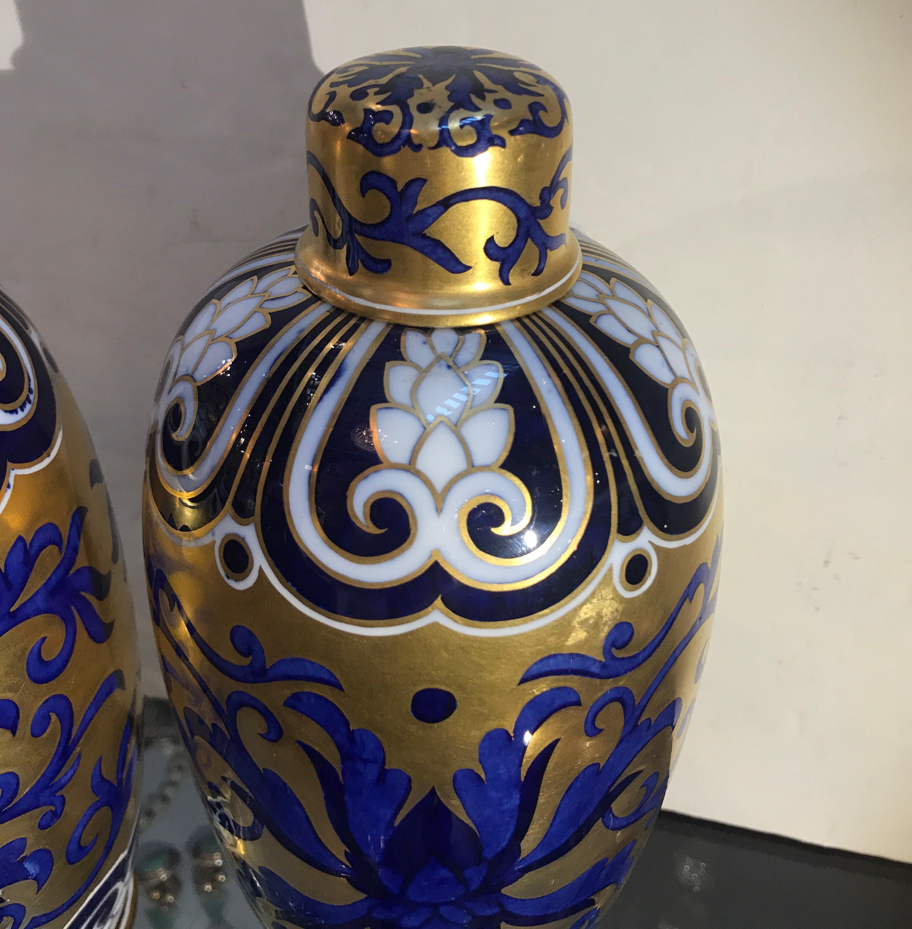 Victorian Pair of 19th Century English Porcelain Gilt and Cobalt Urns