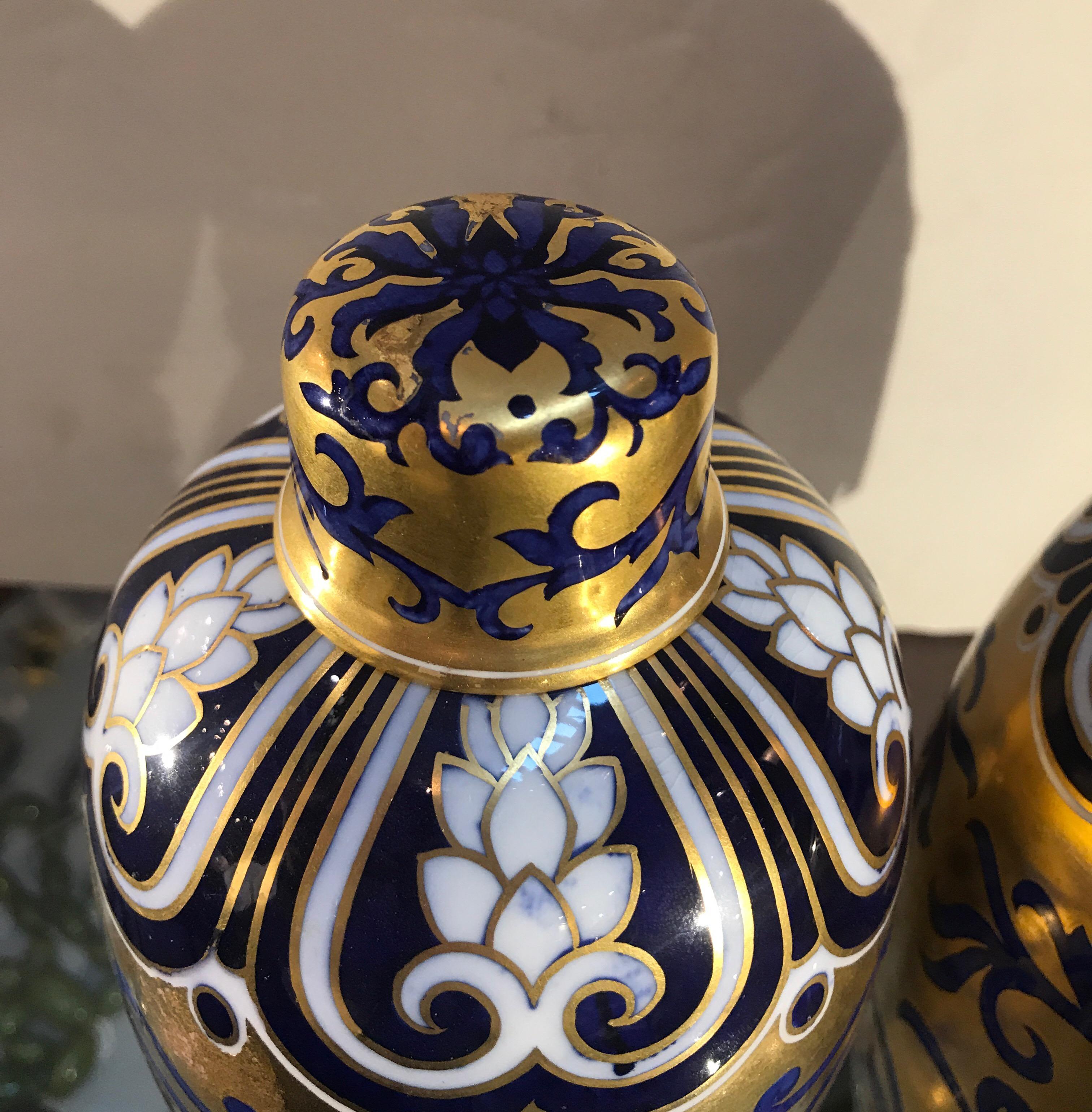 Hand-Painted Pair of 19th Century English Porcelain Gilt and Cobalt Urns