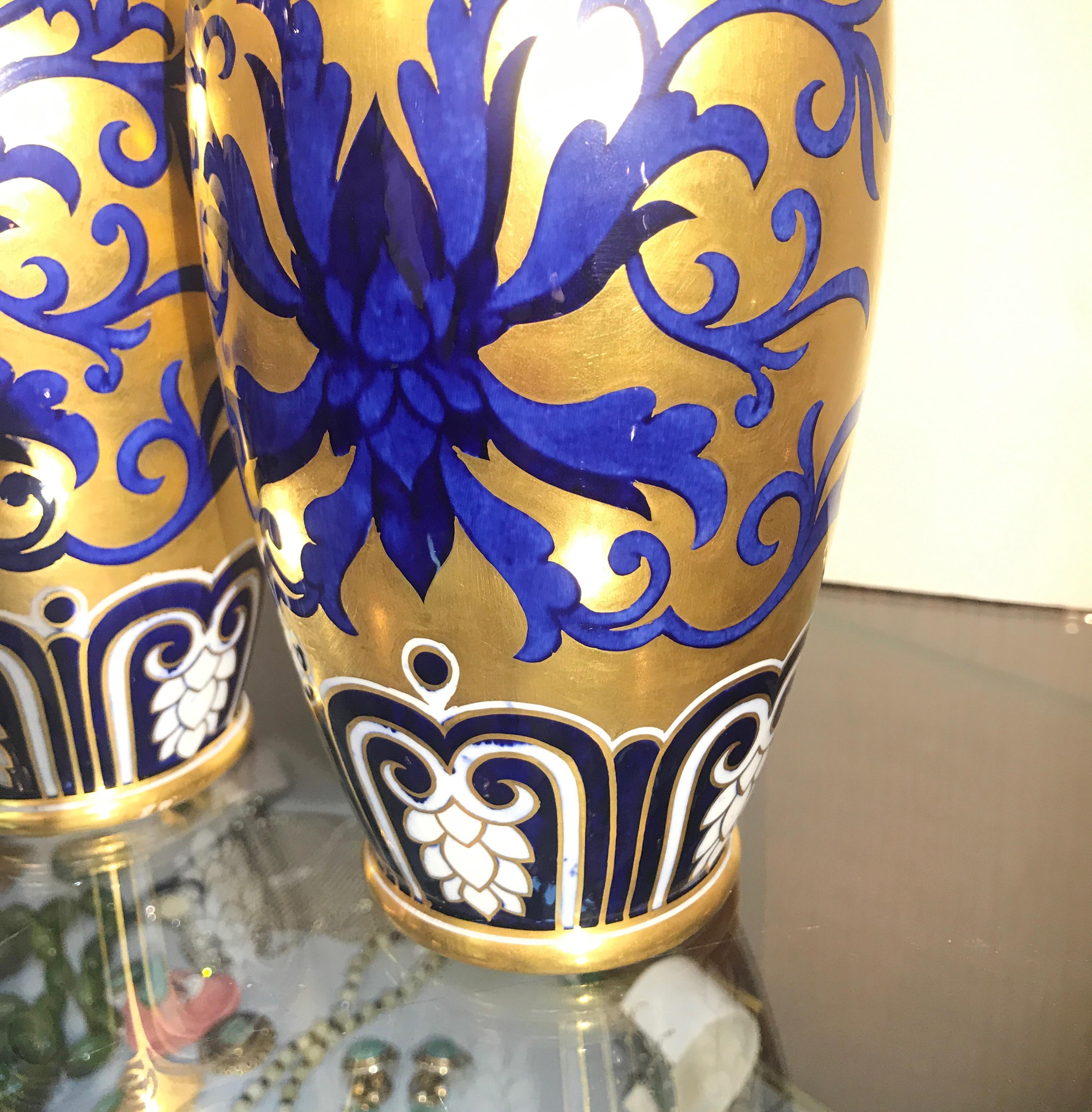 Late 19th Century Pair of 19th Century English Porcelain Gilt and Cobalt Urns