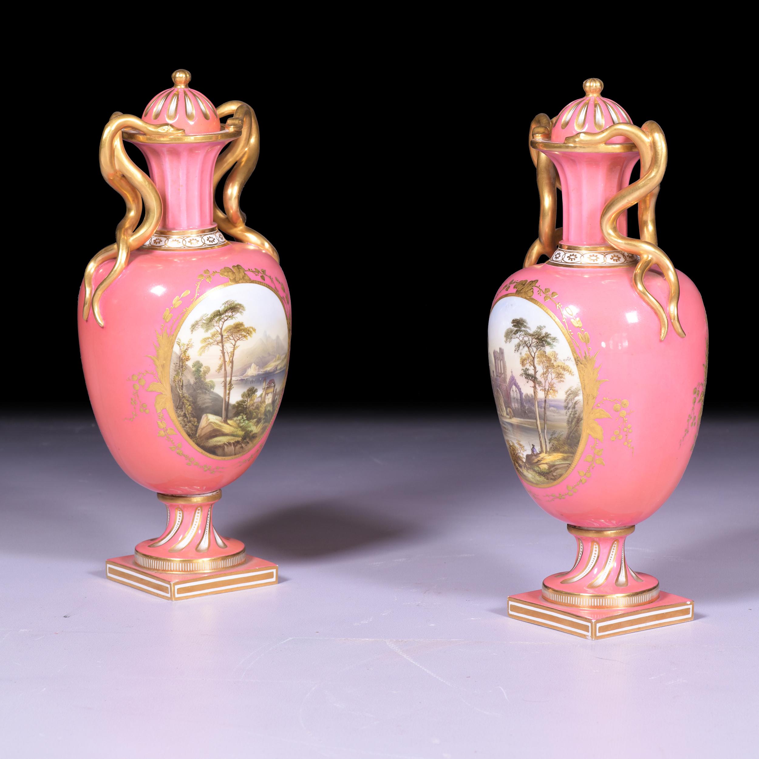 Victorian Pair of 19th Century English Porcelain Vases & Covers by Coalport For Sale