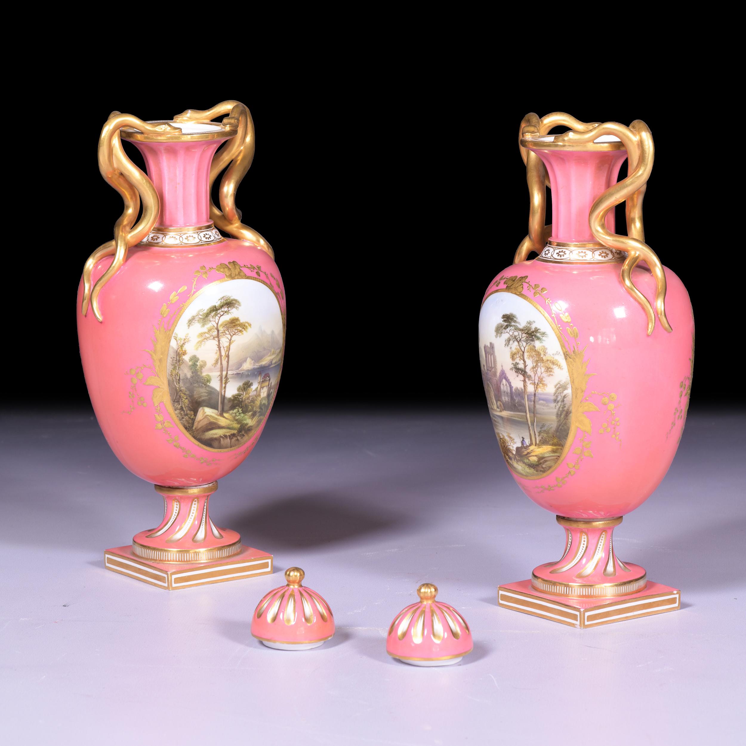 Hand-Painted Pair of 19th Century English Porcelain Vases & Covers by Coalport For Sale