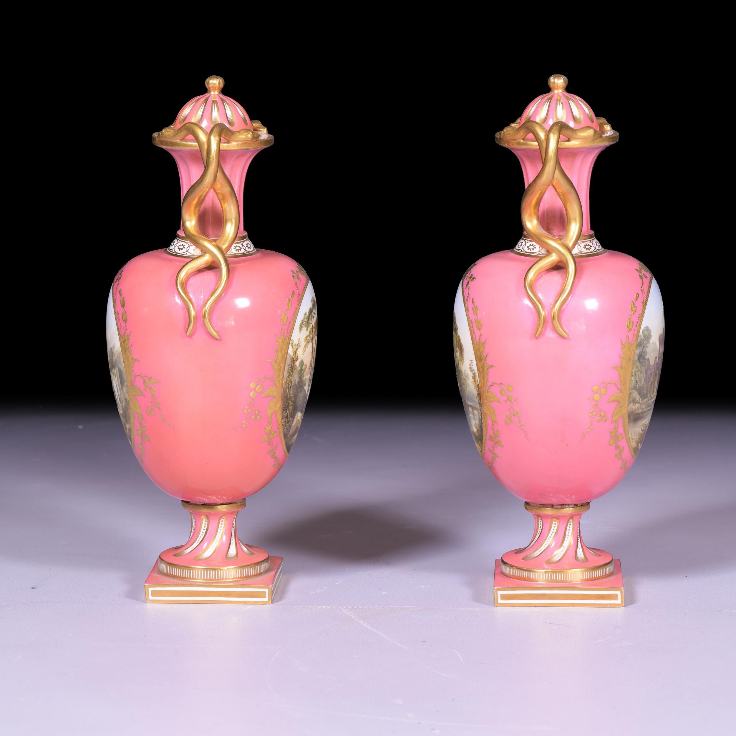 Pair of 19th Century English Porcelain Vases & Covers by Coalport In Good Condition For Sale In Dublin, IE