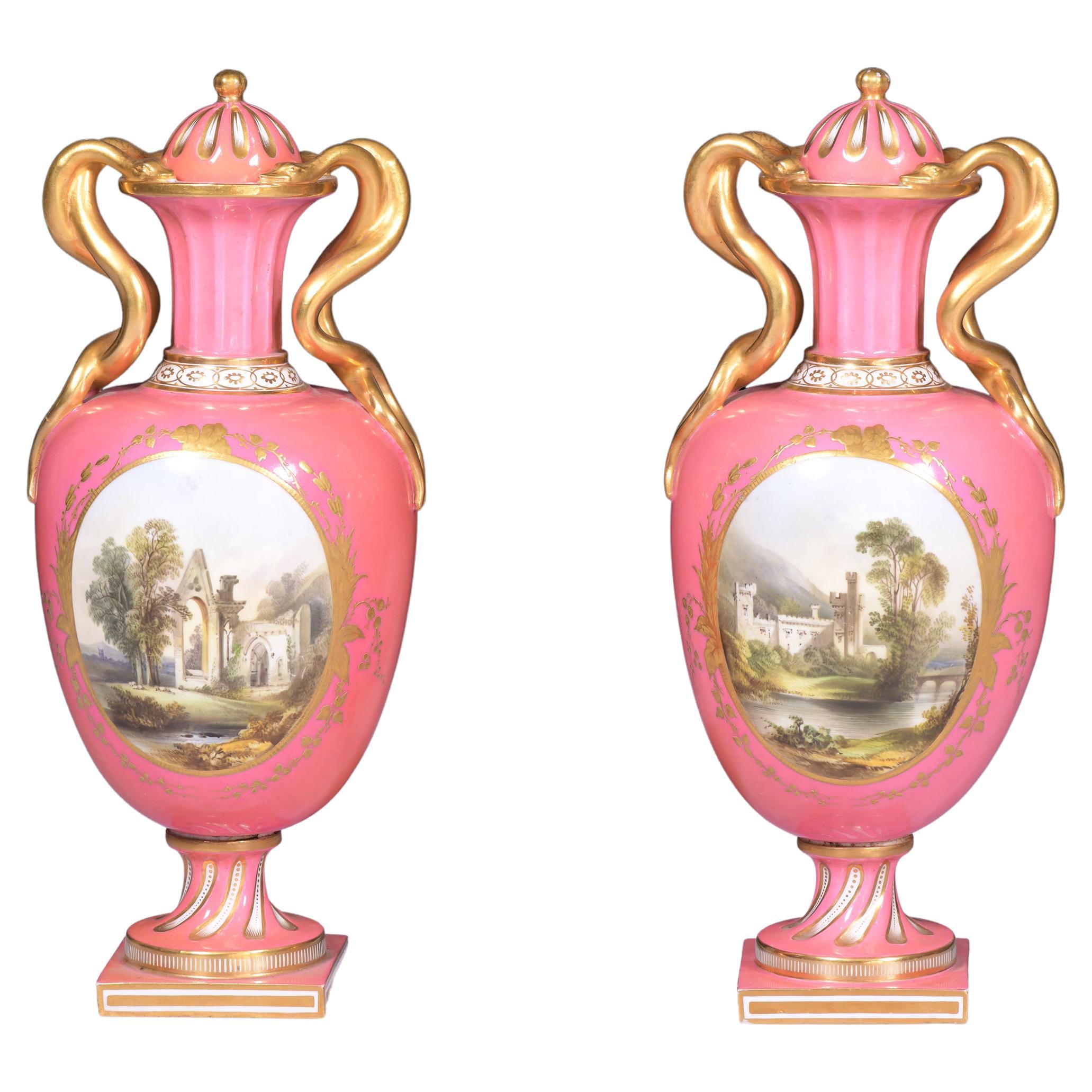 Pair of 19th Century English Porcelain Vases & Covers by Coalport For Sale