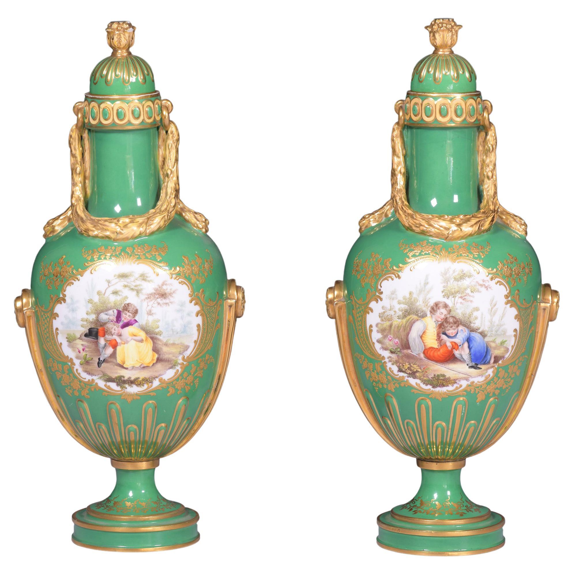 Pair Of 19th Century English Porcelain Vases & Covers By Coalport For Sale