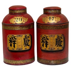 Pair of 19th Century English Red Tole Chinoiserie Canisters, #29 & #47