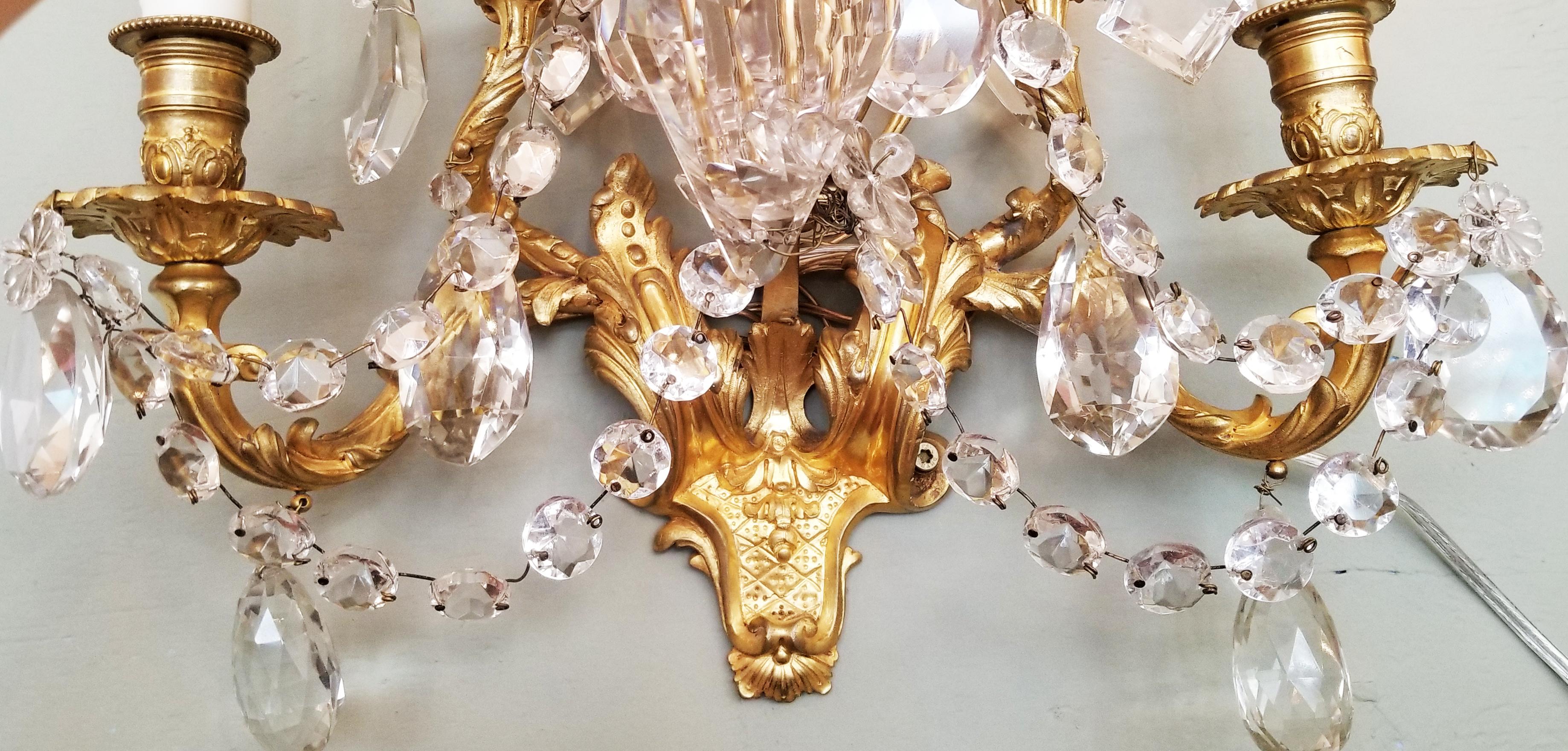 Pair of 19th Century English Regency Dore Bronze and Irish Crystal Sconces In Excellent Condition In Charleston, SC