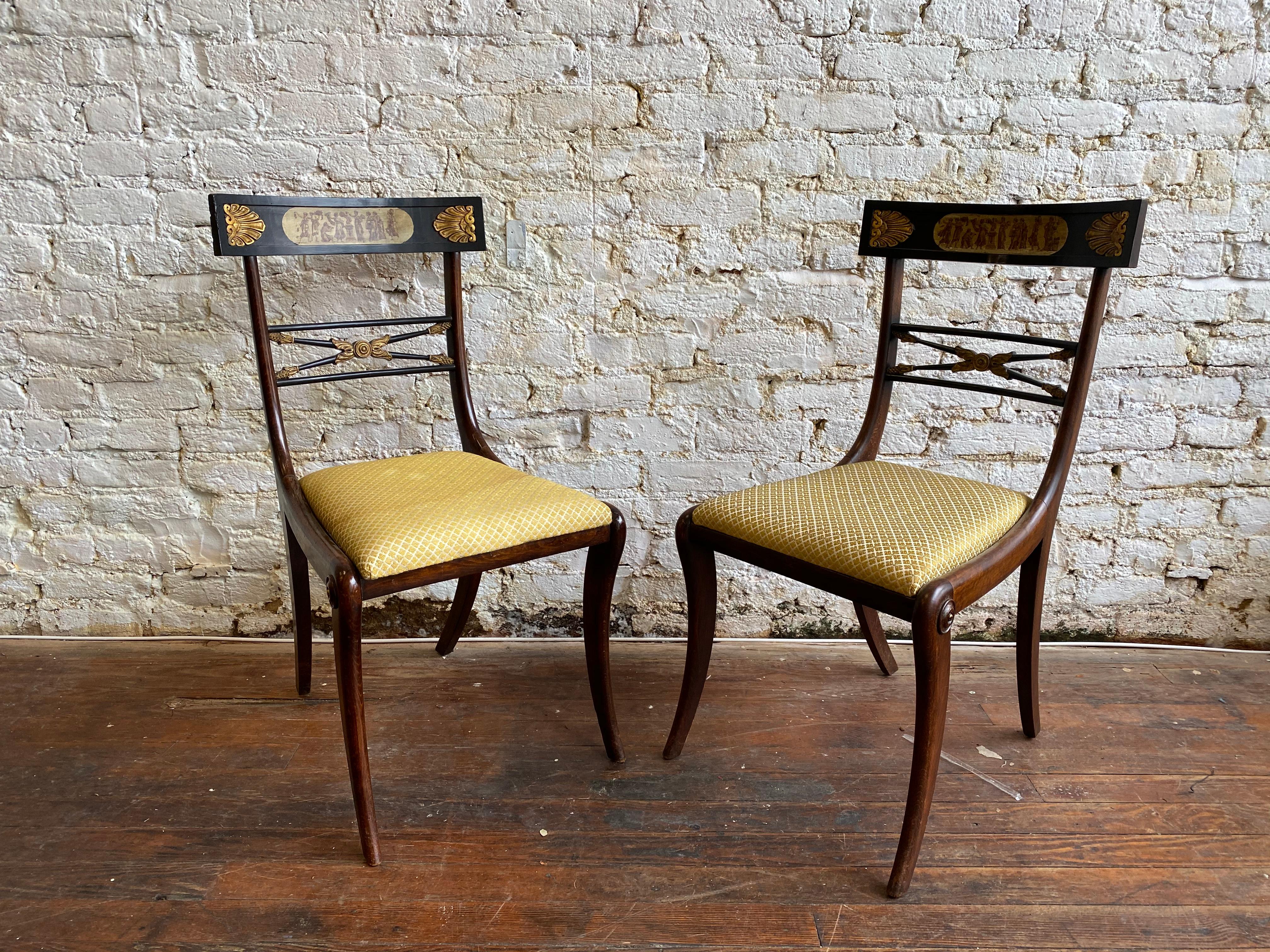 19th Century English Regency Faux Rosewood Chairs with Neoclassical Scenes, Pair 1