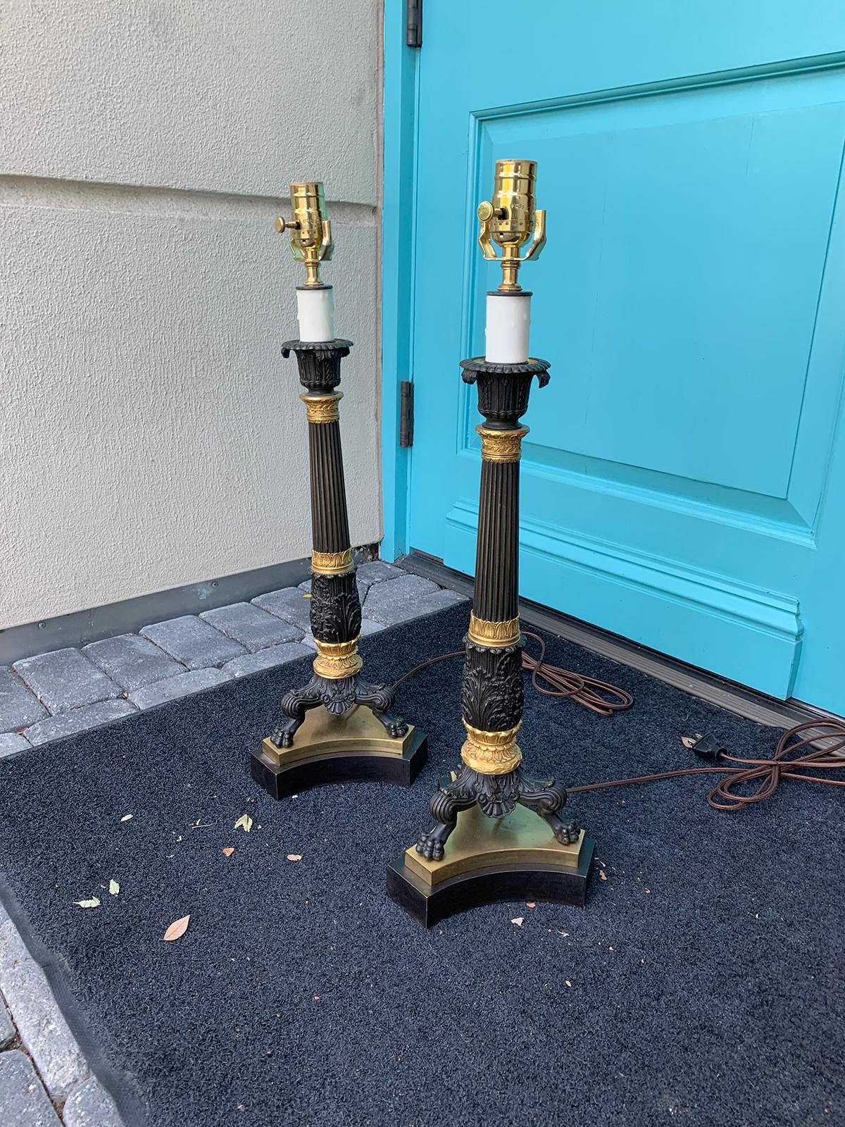 Pair of 19th Century English Regency Gilt and Bronze Candelabras as Lamps In Good Condition In Atlanta, GA