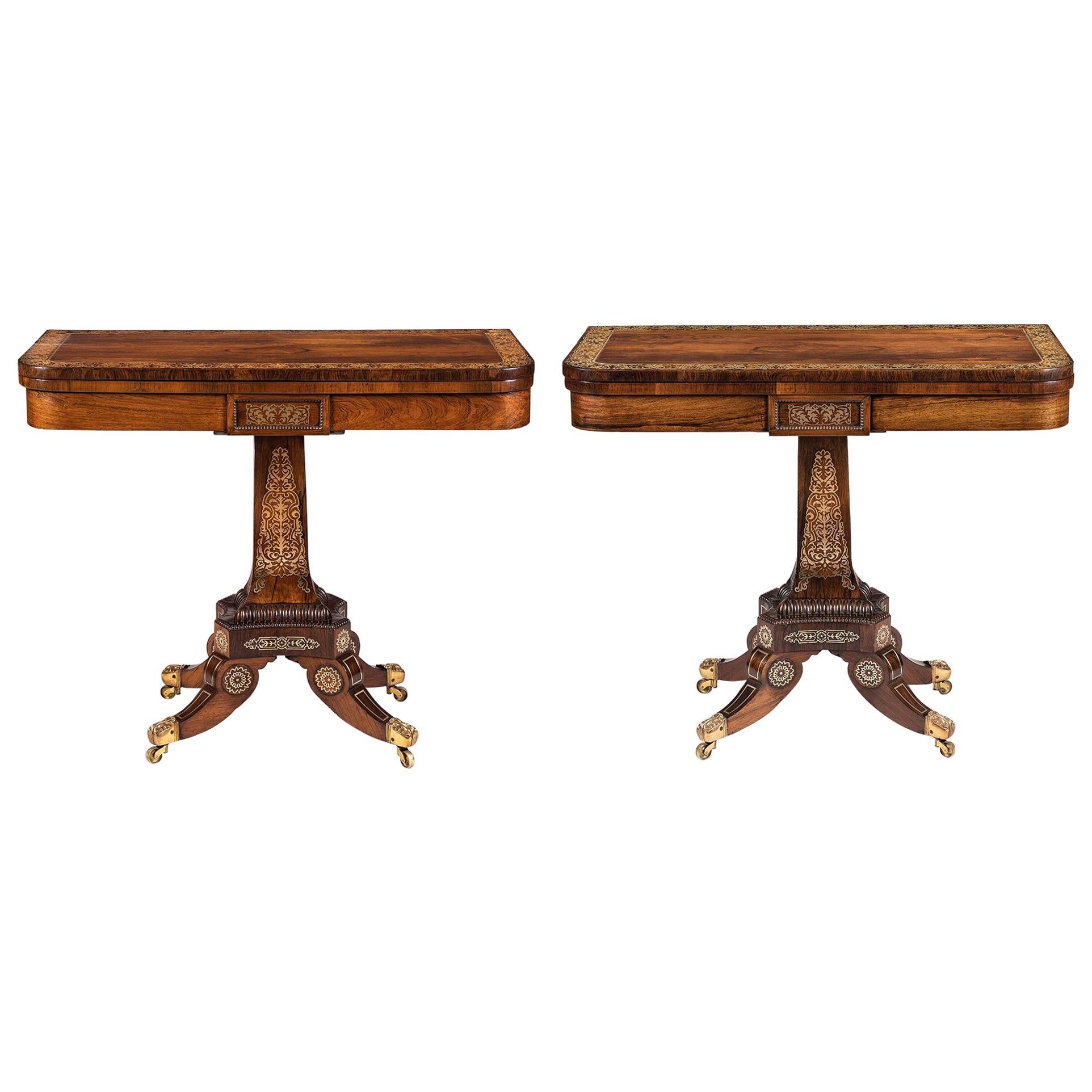Pair of 19th Century English Regency Gonçalo Alves Card Tables with Brass Inlay