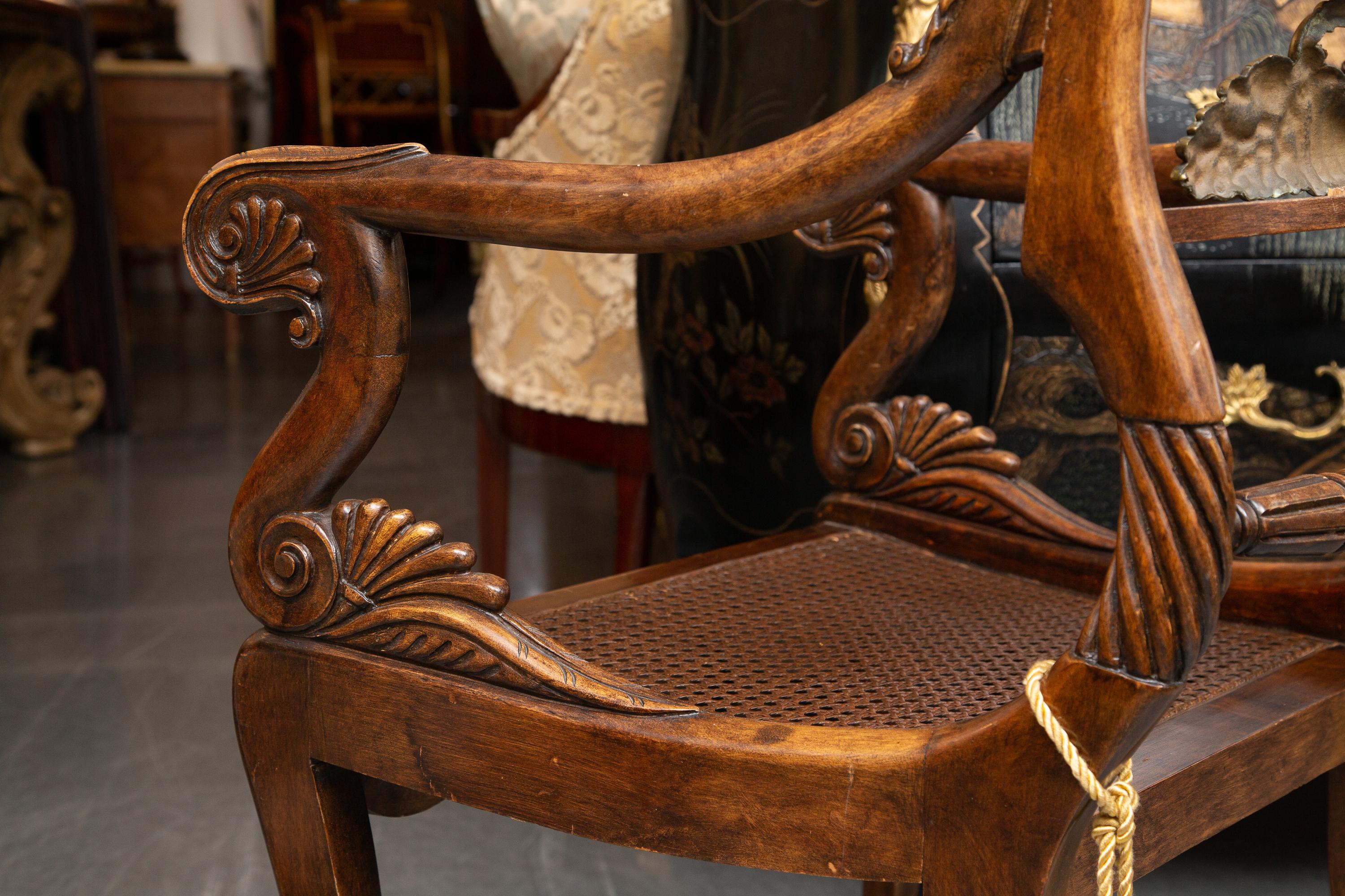 Hand-Carved Pair of 19th Century English Regency Mahogany Arm Chairs For Sale