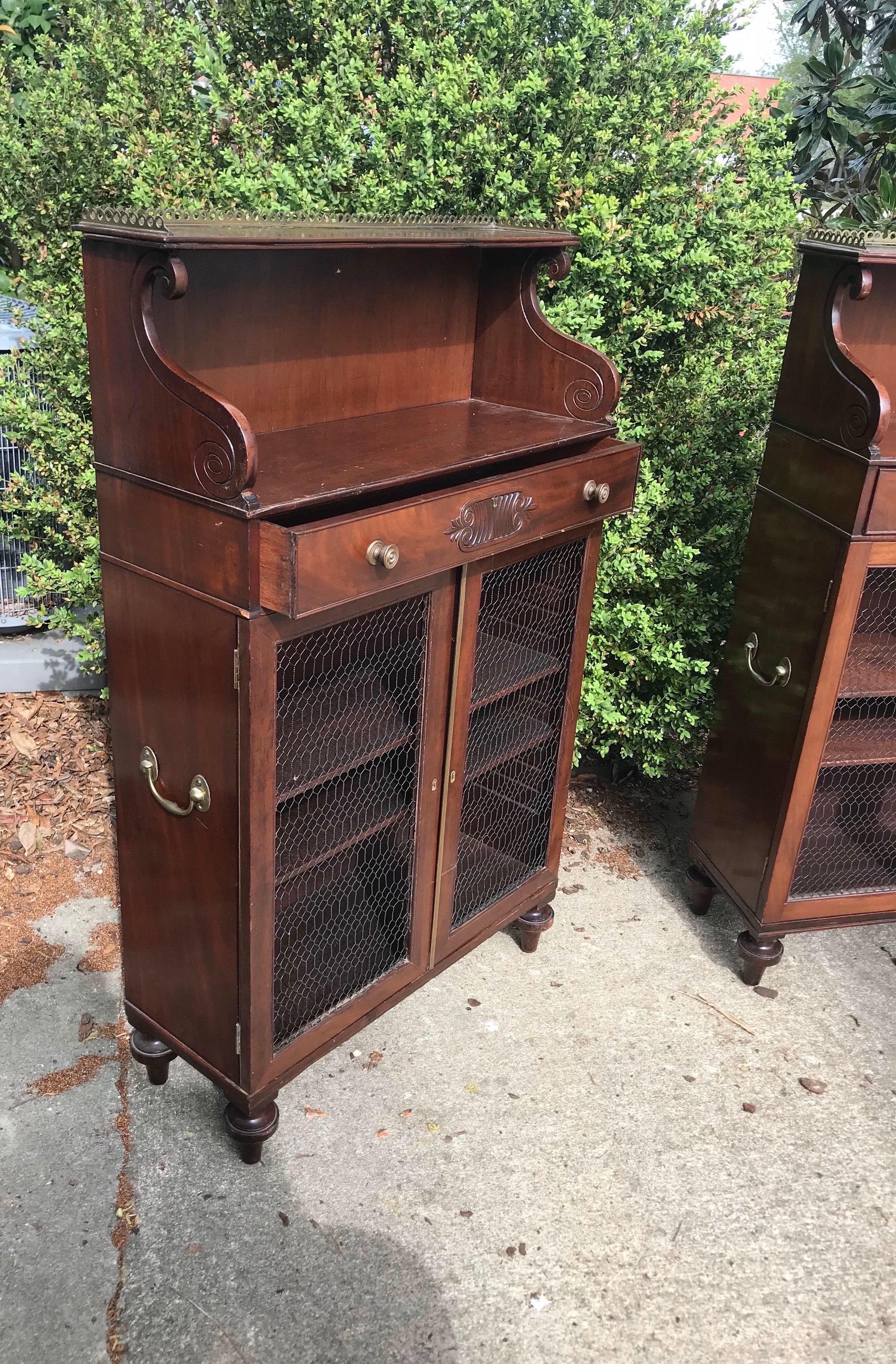 Handsome pair of petite 19th century English Regency mahogany cabinets with wire grill work, brass-mounted pulls, handles and decorative trip around the tops. Great sized cabinets that could be used as petite bookshelves or etageres.