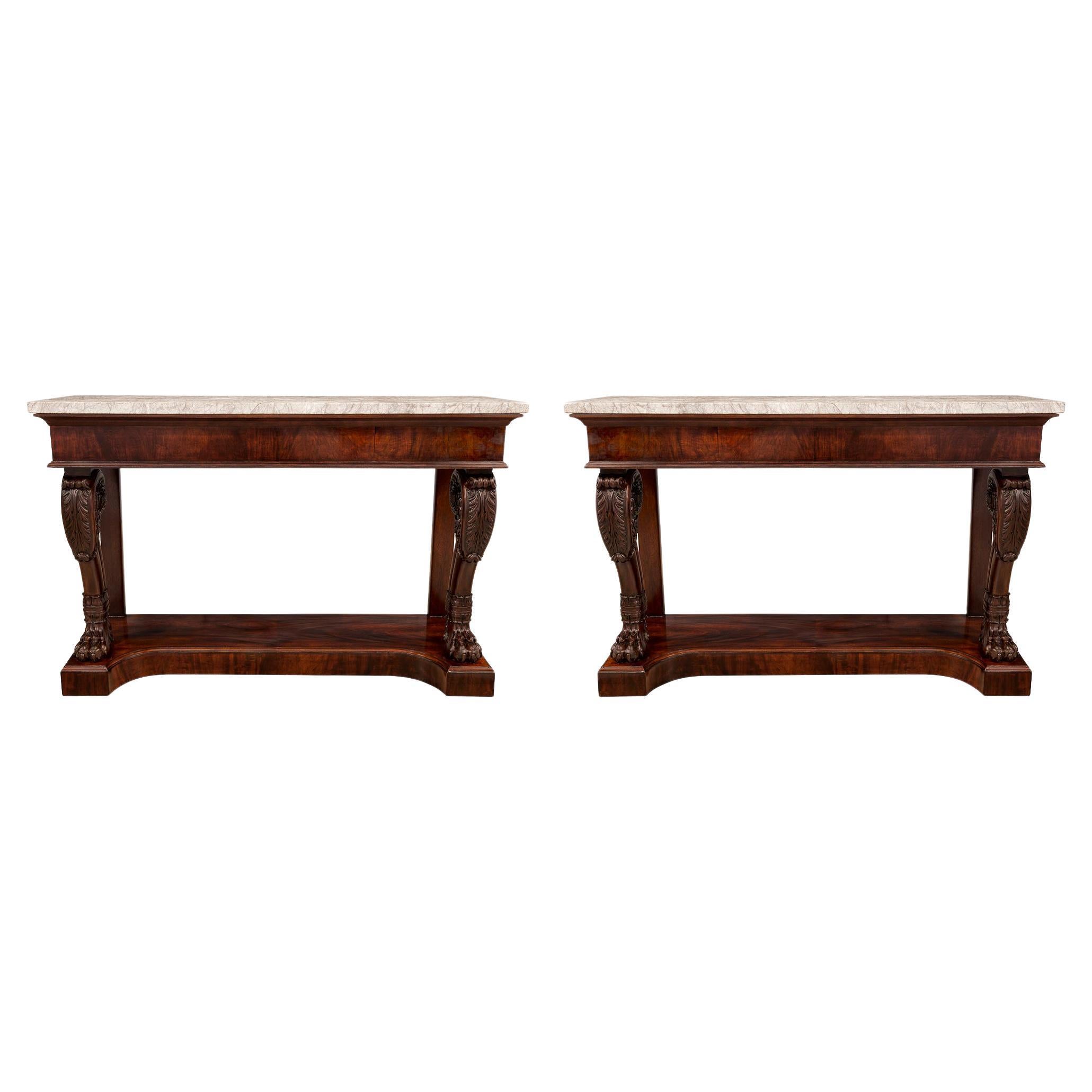 Pair of 19th Century English Regency St. Crotch Mahogany Consoles