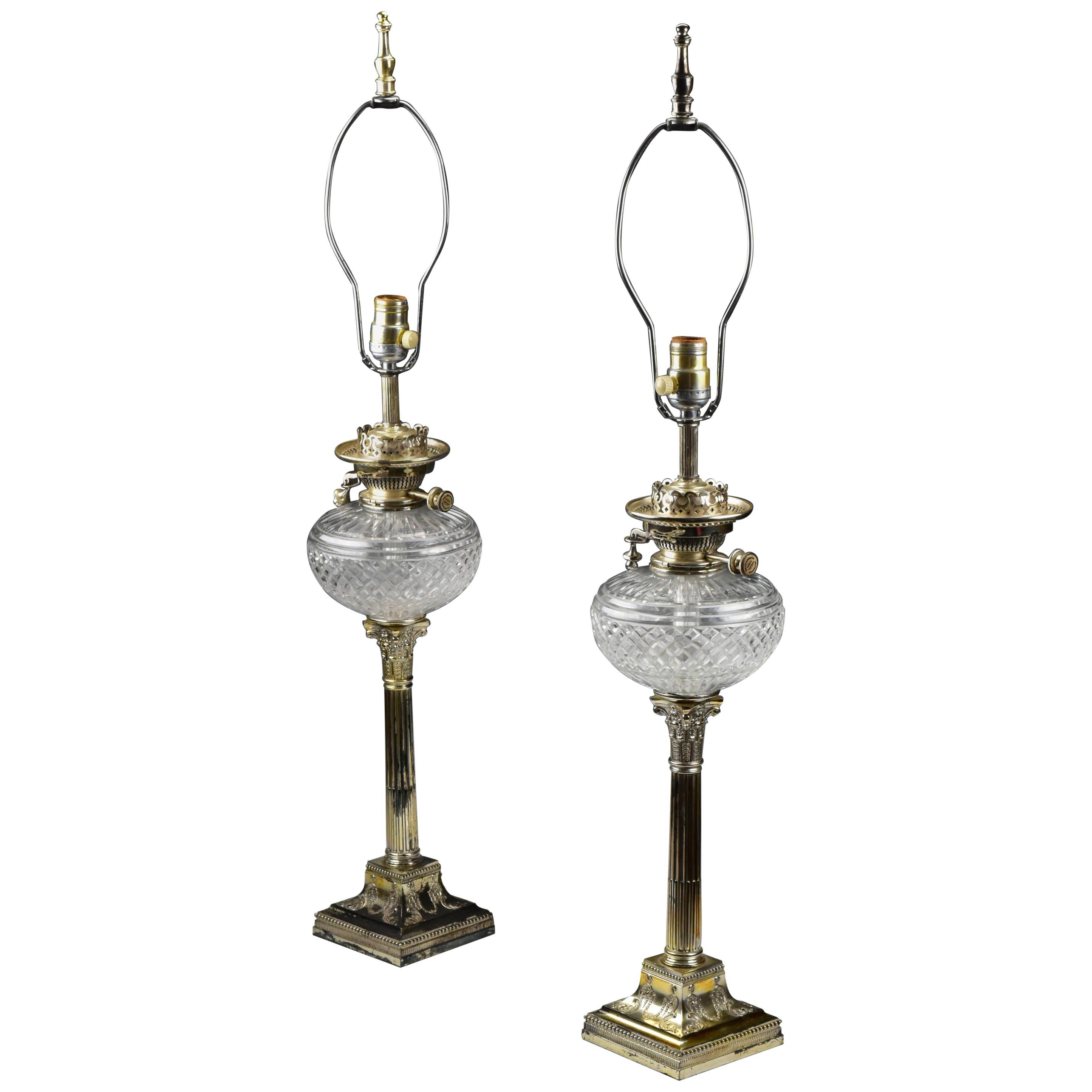 Pair Of 19th Century English Sheffield Silver Plate Cut Crystal Banquet Lamps - 