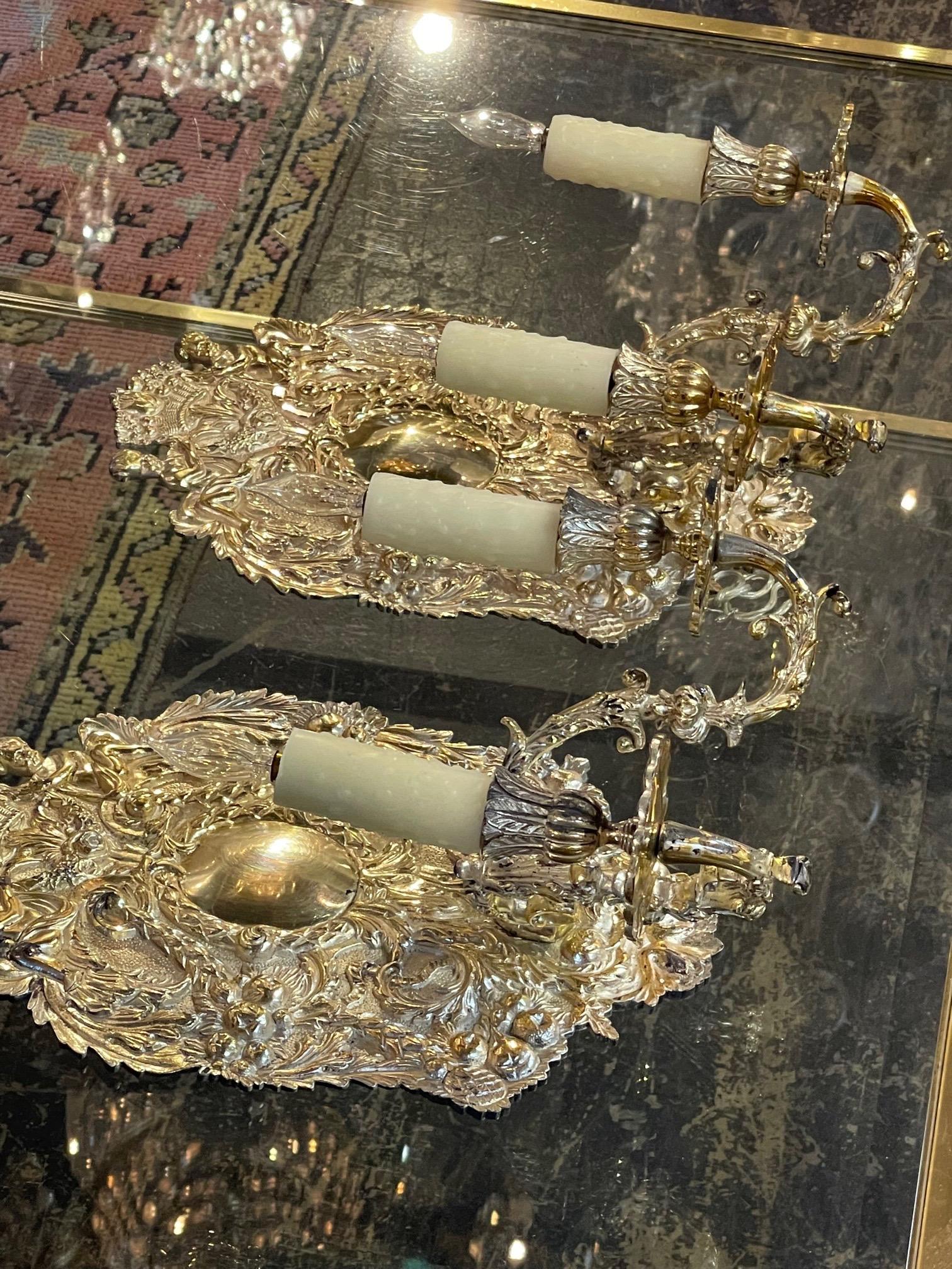 Pair of 19th Century English Silver Plate over Bronze 2 Light Sconces For Sale 2
