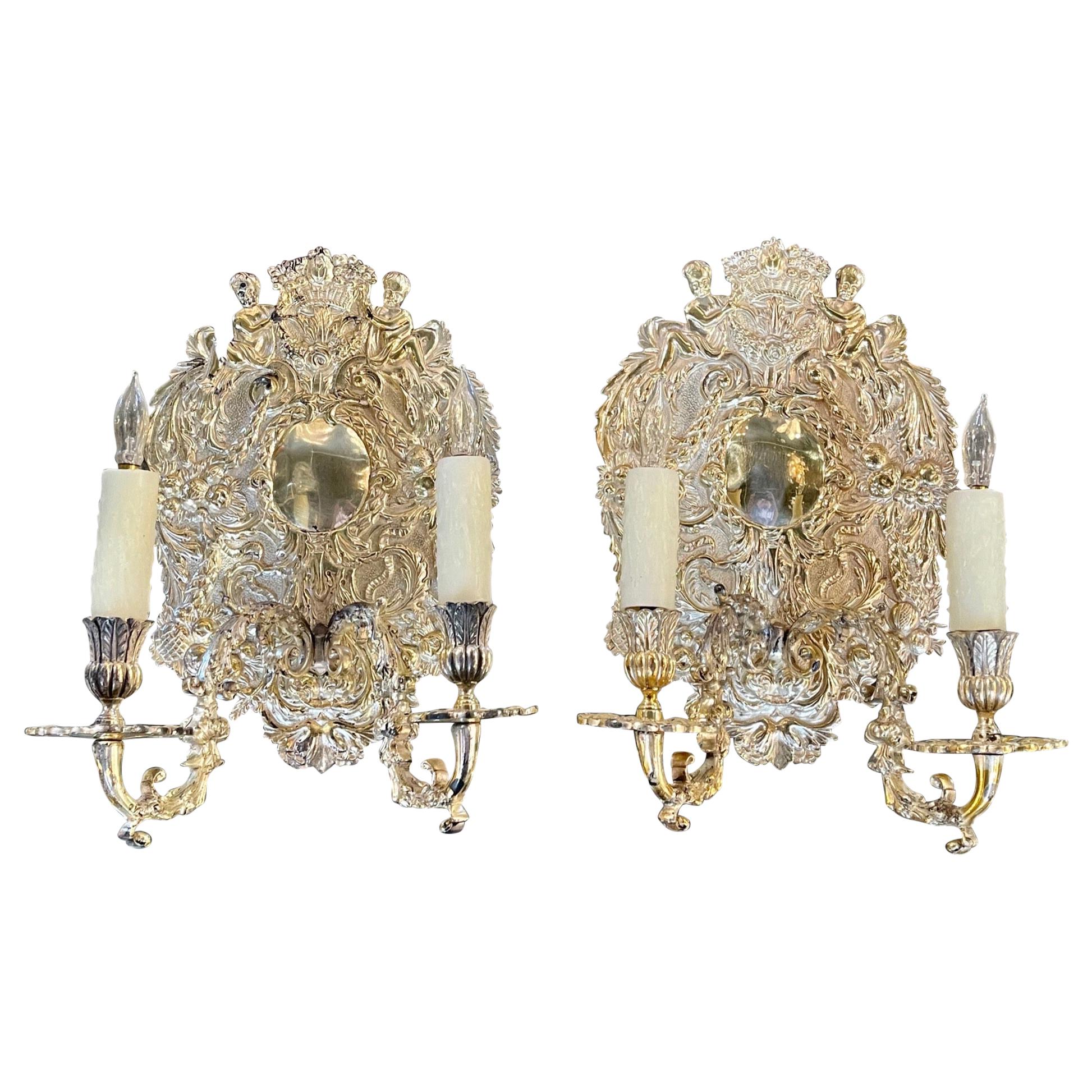 Pair of 19th Century English Silver Plate over Bronze 2 Light Sconces