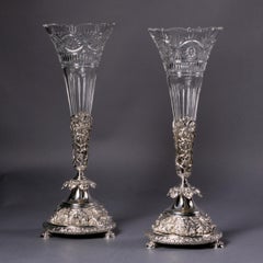 Pair of 19th Century English Silver-Plated and Cut-Glass Vases