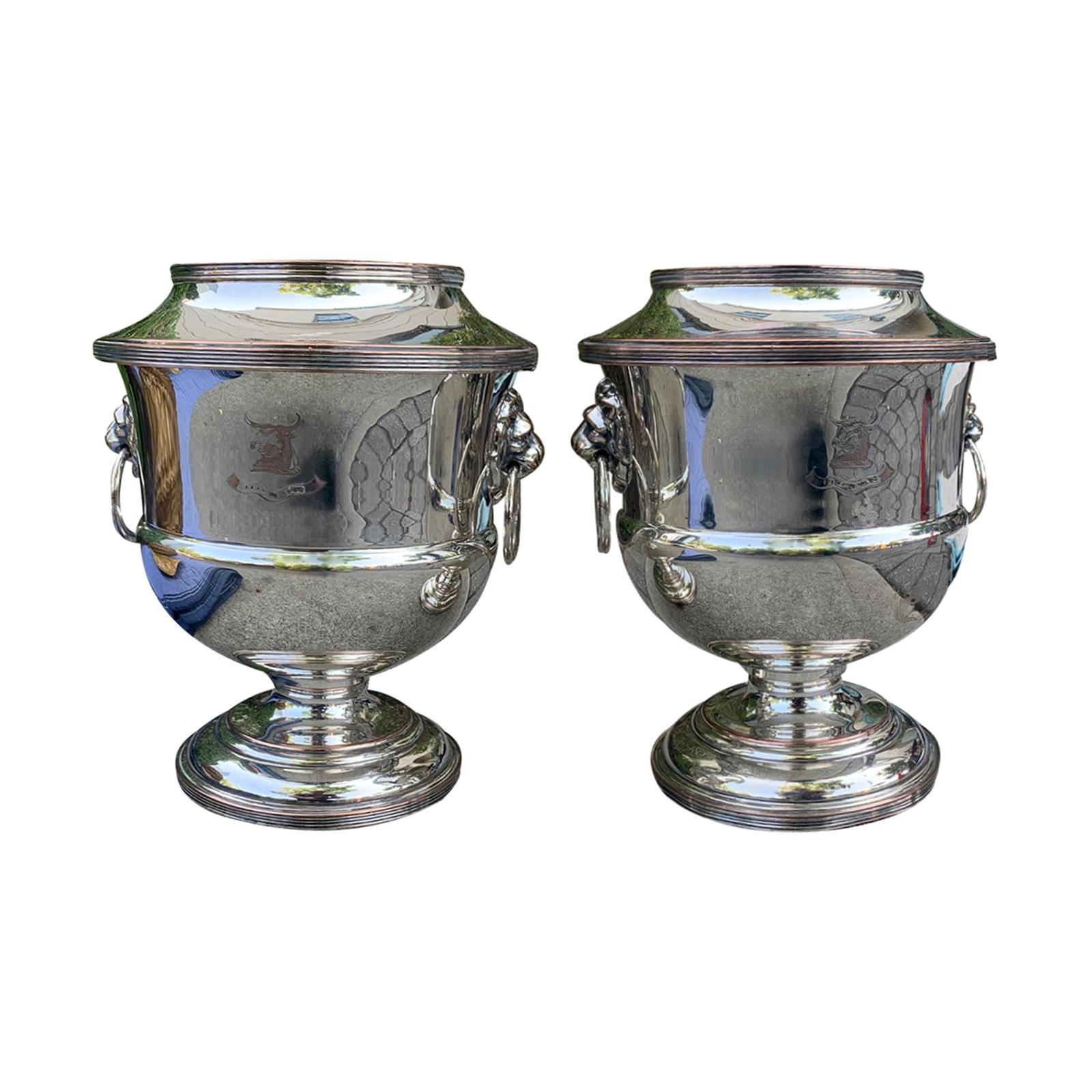 Pair of 19th Century English Silver Wine Coolers with Lion Pulls, Hallmarked