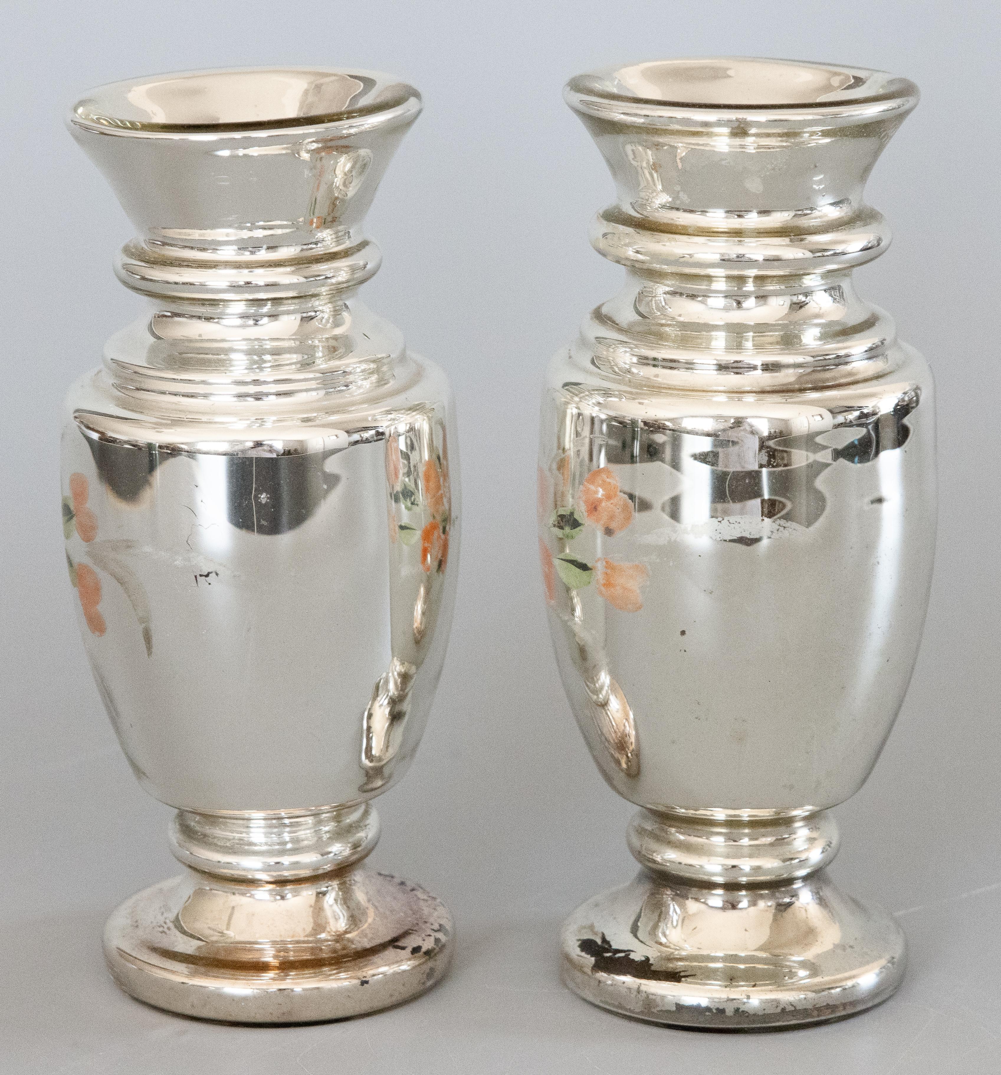 Hand-Painted Pair of 19th Century English Silvered Mercury Glass Vases For Sale