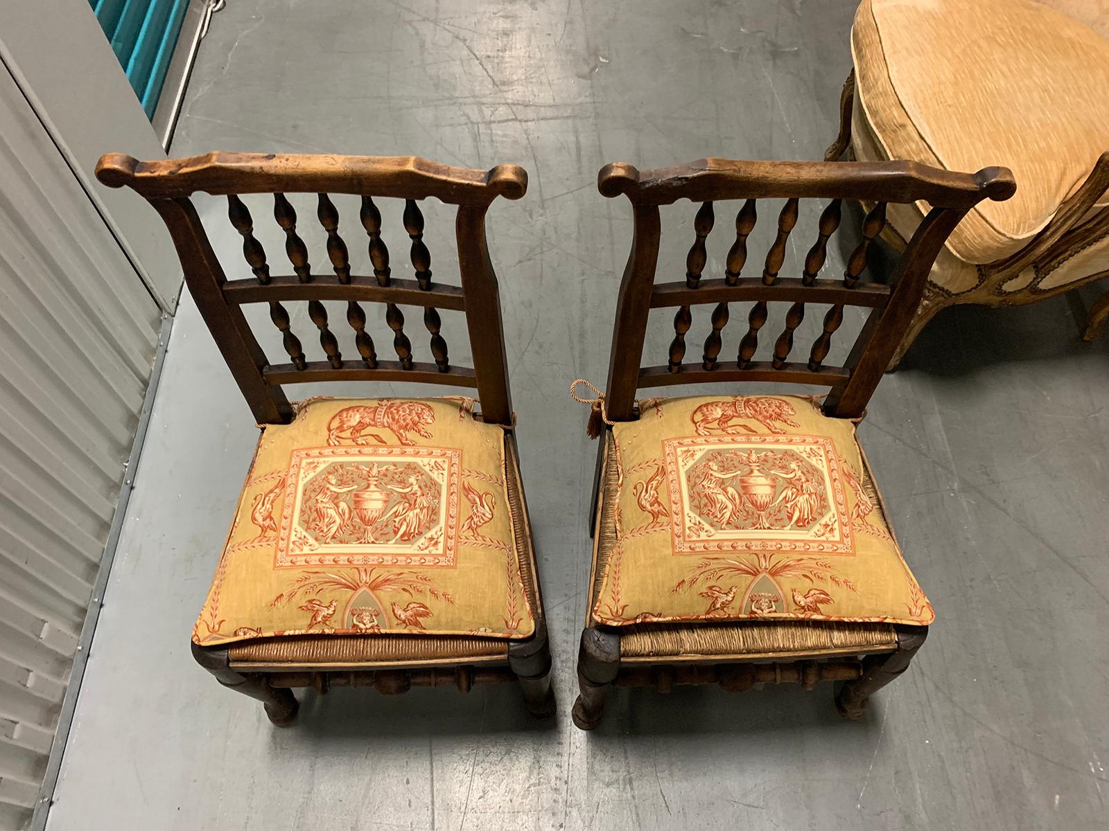 Pair of 19th Century English Spindle Back Side Chairs, Rush Seats and Cushions For Sale 10