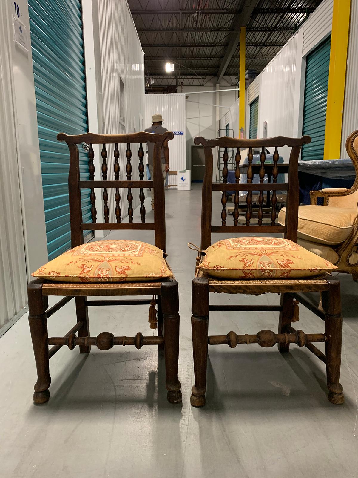 Pair of 19th Century English Spindle Back Side Chairs with Rush Seats and Cushions