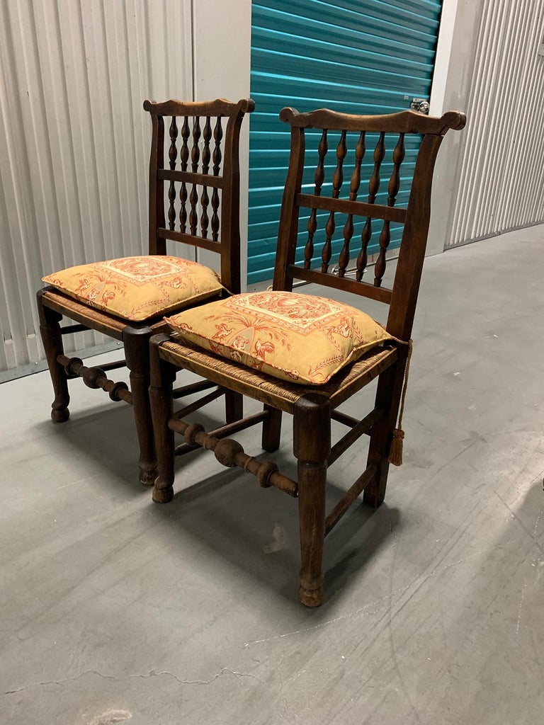 Pair of 19th Century English Spindle Back Side Chairs, Rush Seats and