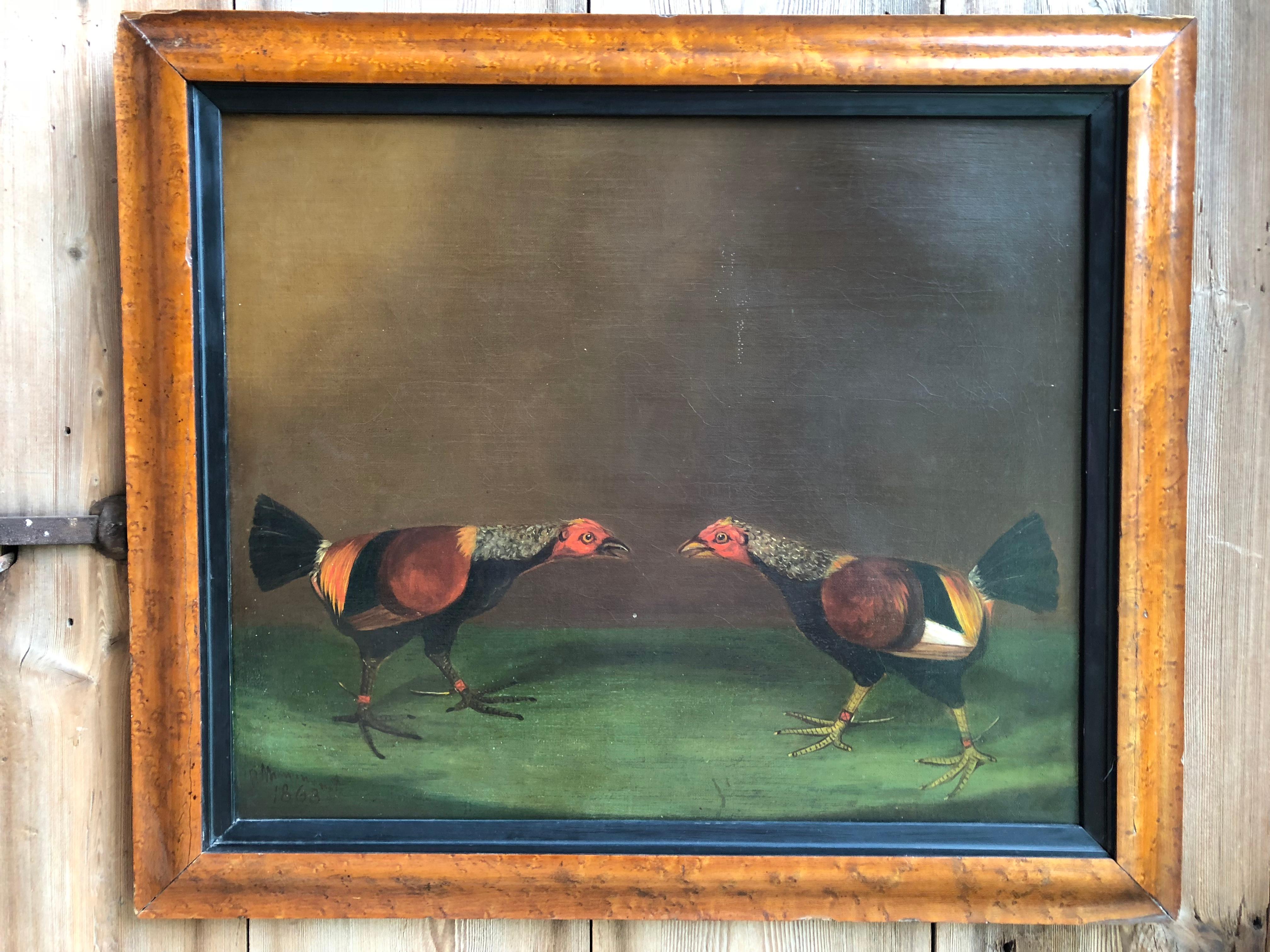 Pair of 19th Century English Sporting Paintings, Fighting Cocks 4