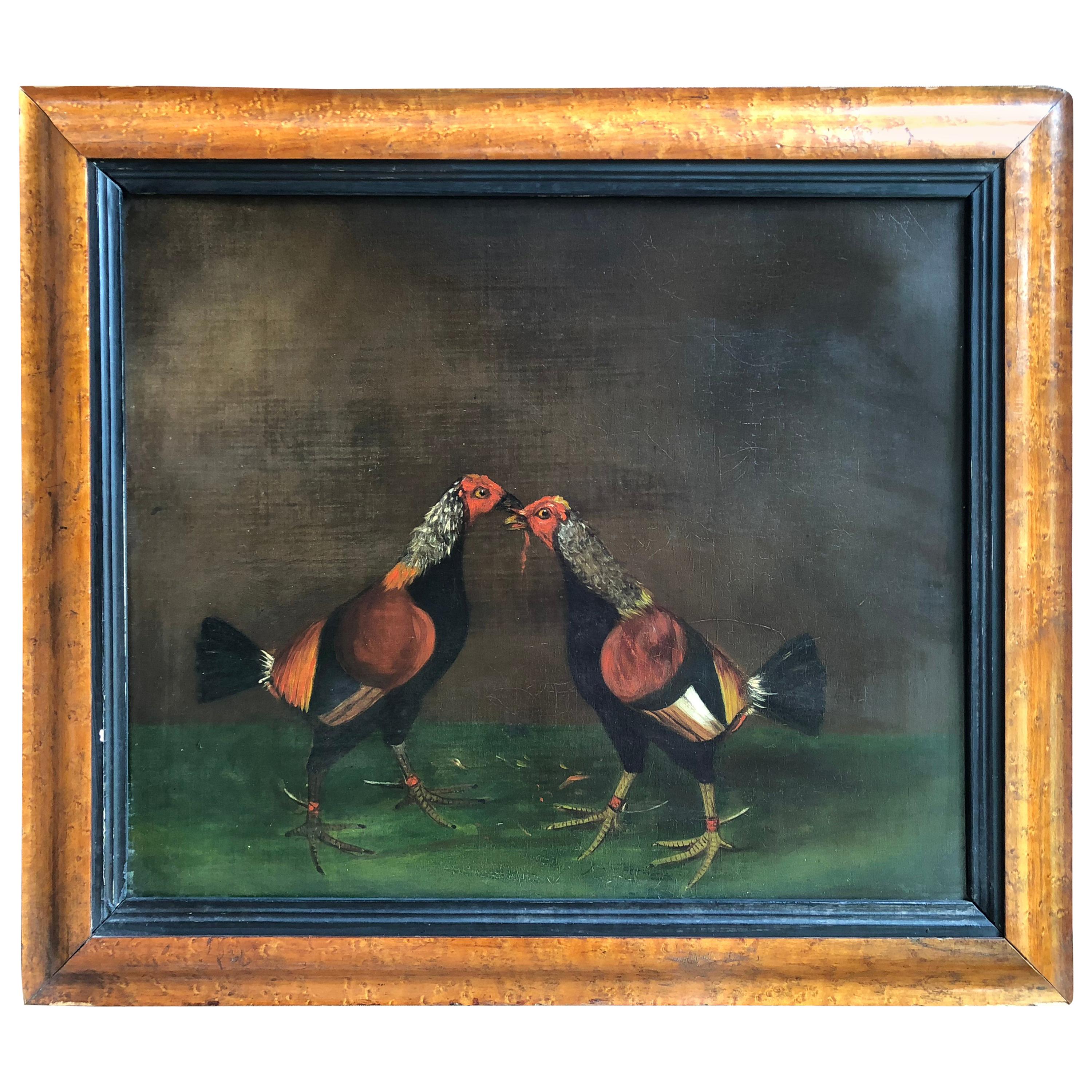 An early pair of English sporting paintings, of fighting cocks, one signed “R. Monument” and dated 1863. Paintings have been relined and are in their original bird’s-eye maple frames. Painting sizes are 22” W x 18” H each. Provenance: Collection of